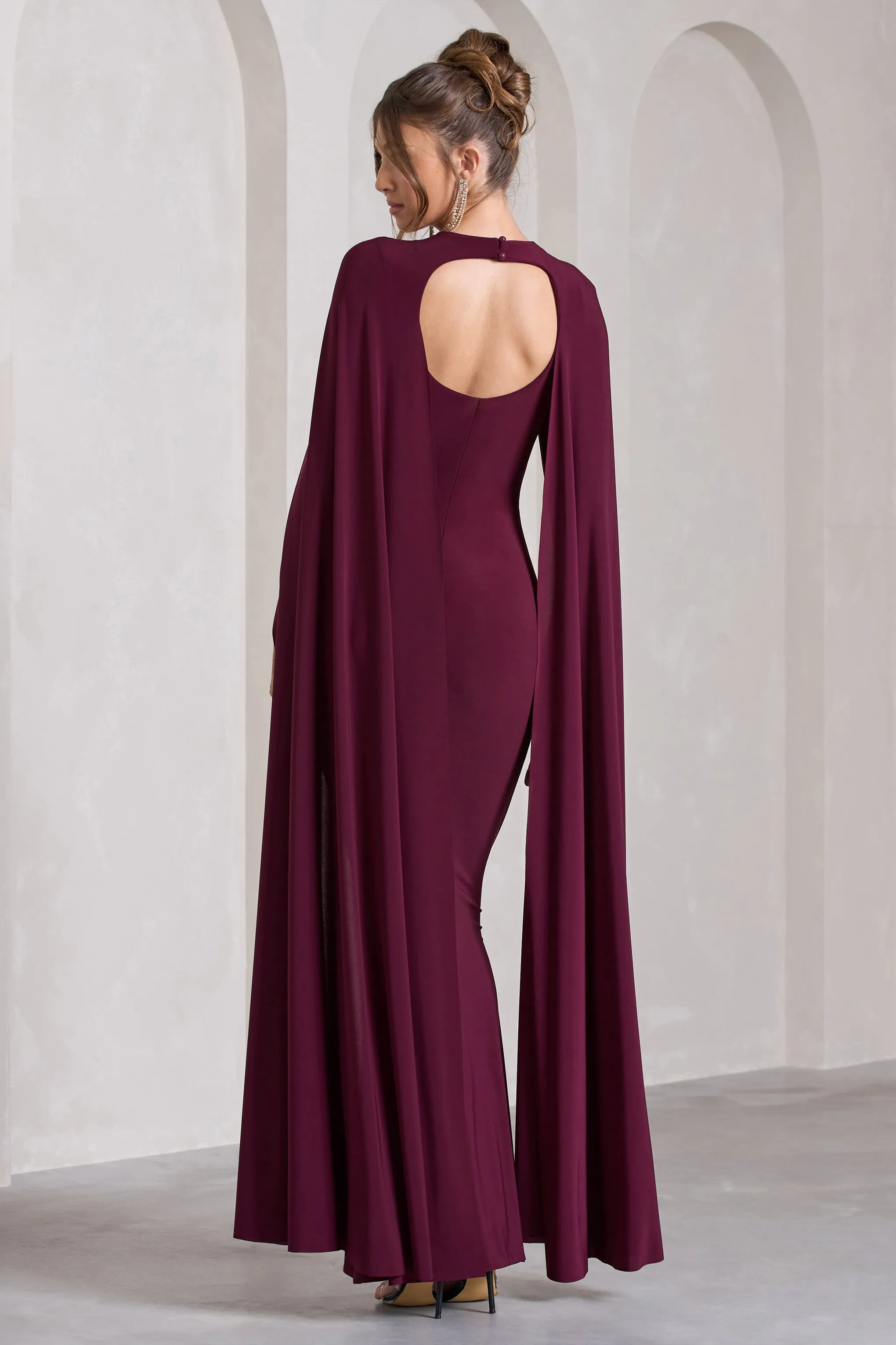Standing Ovation | Burgundy Plunge-Neck Cape Maxi Dress sold by Club L London product image thumbnail 2