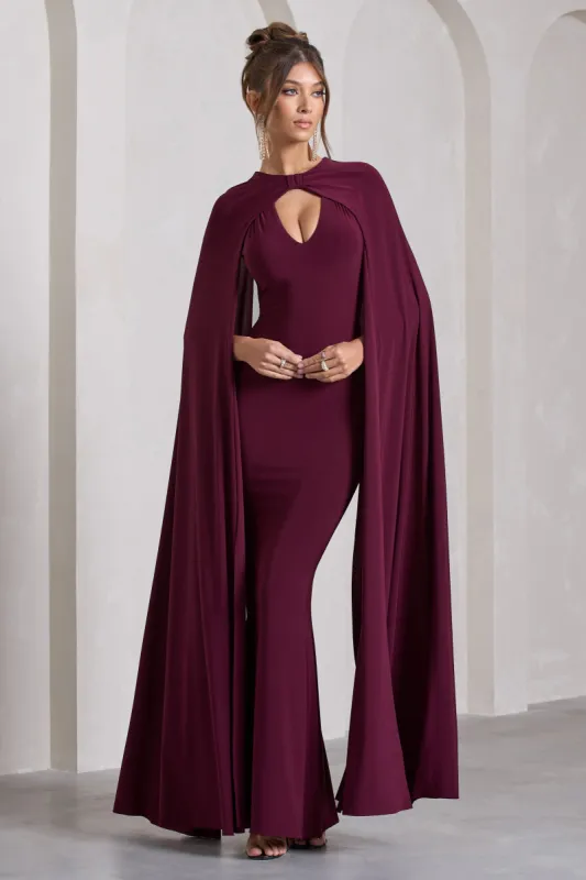Standing Ovation | Burgundy Plunge-Neck Cape Maxi Dress sold by Club L London