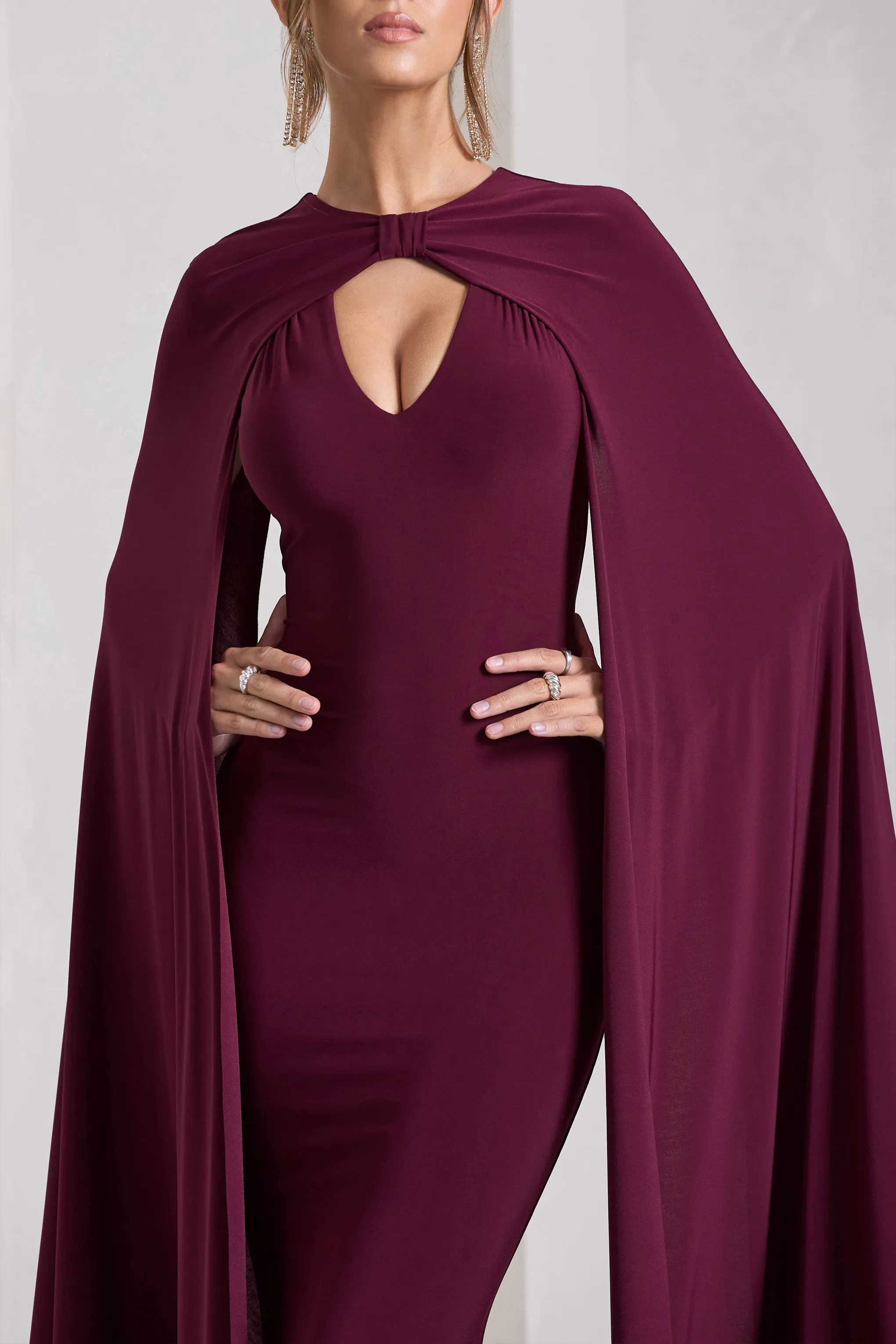 Standing Ovation | Burgundy Plunge-Neck Cape Maxi Dress sold by Club L London product image thumbnail 4