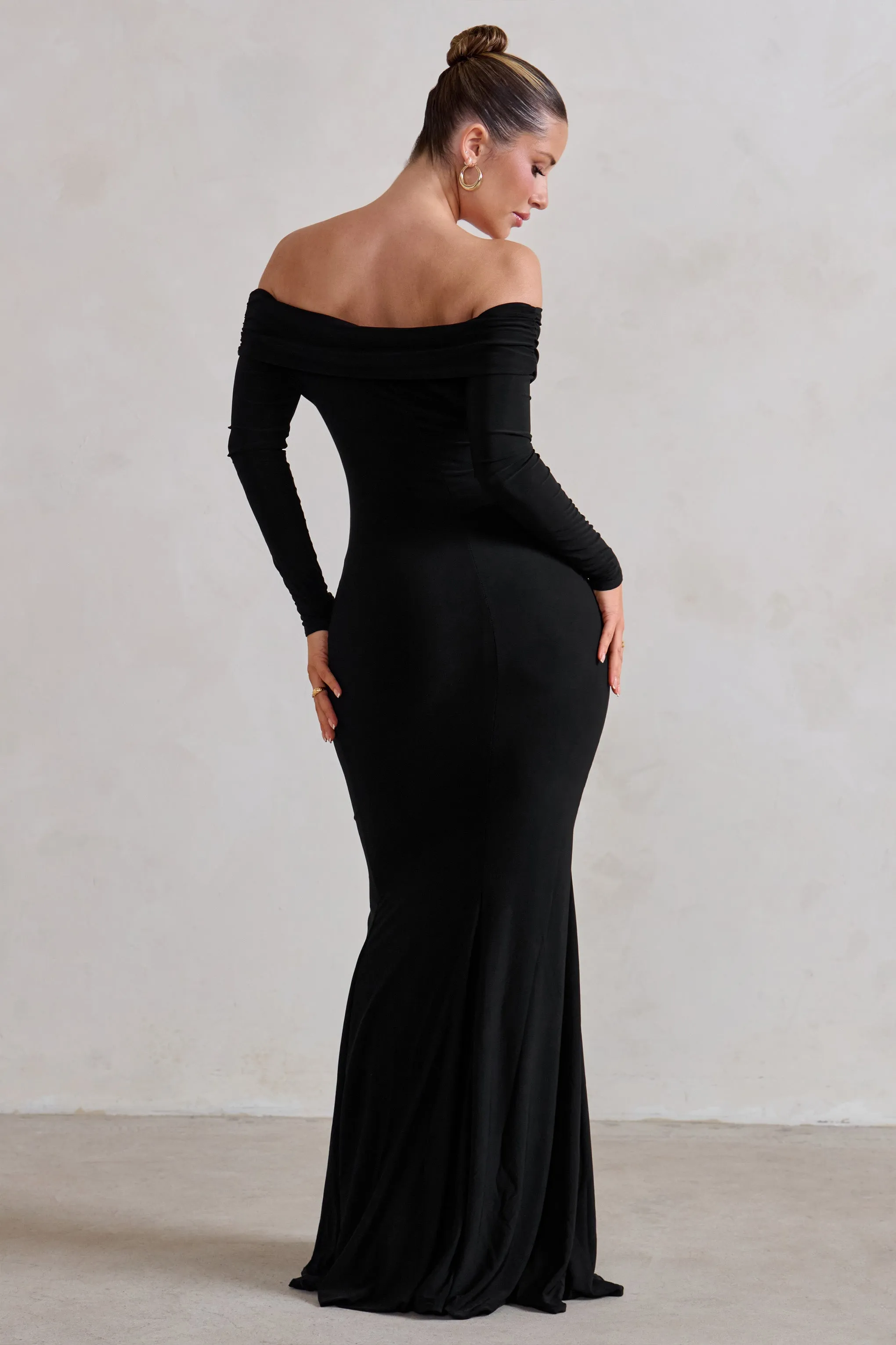 One Moment | Black Bardot Wrap Ruched Split Maxi Dress sold by Club L London product image thumbnail 2