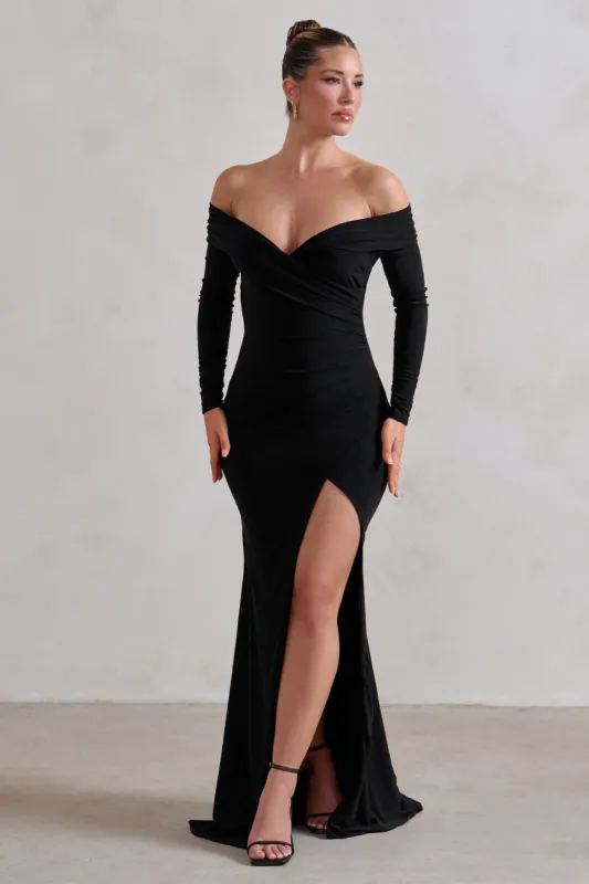 One Moment | Black Bardot Wrap Ruched Split Maxi Dress sold by Club L London