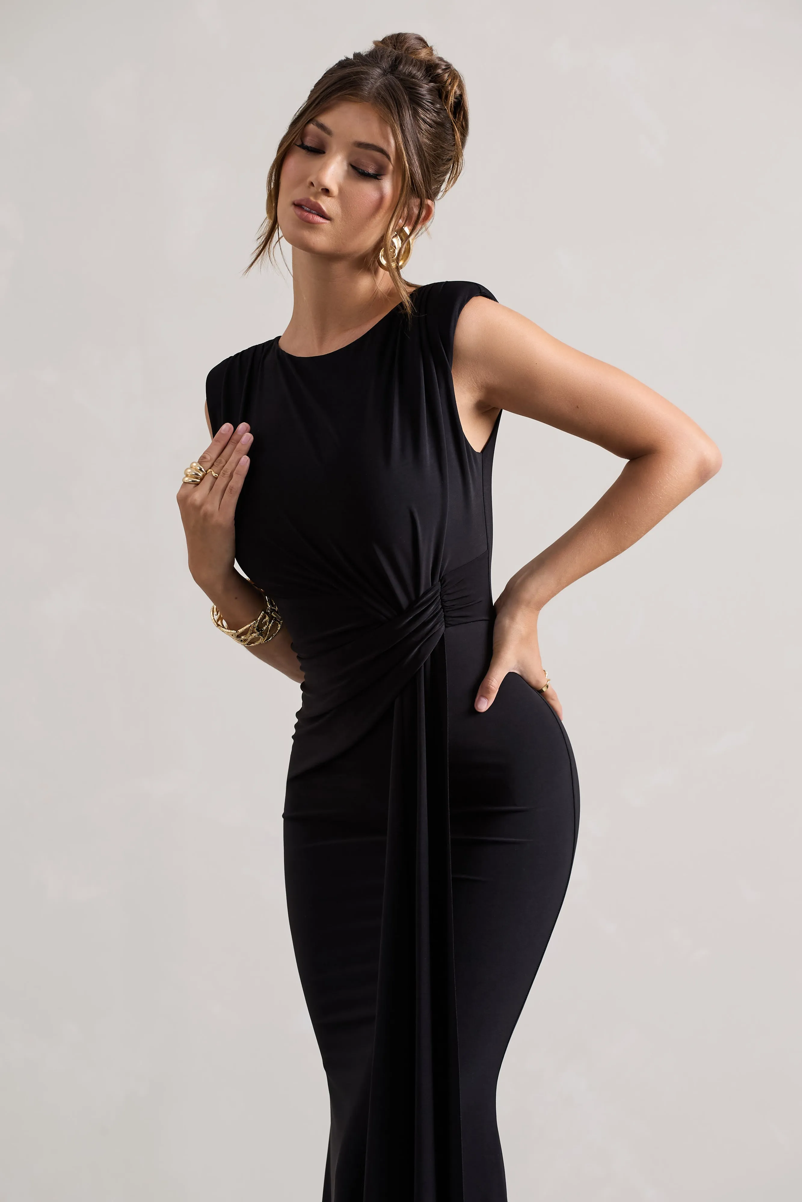 Kadie | Black Sleeveless Gathered Maxi Dress With Drape sold by Club L London product image thumbnail 3