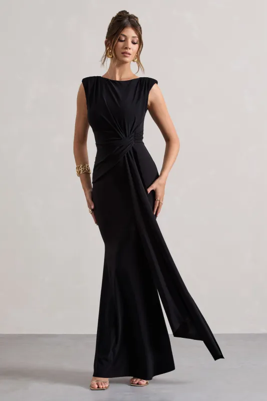 Kadie | Black Sleeveless Gathered Maxi Dress With Drape sold by Club L London