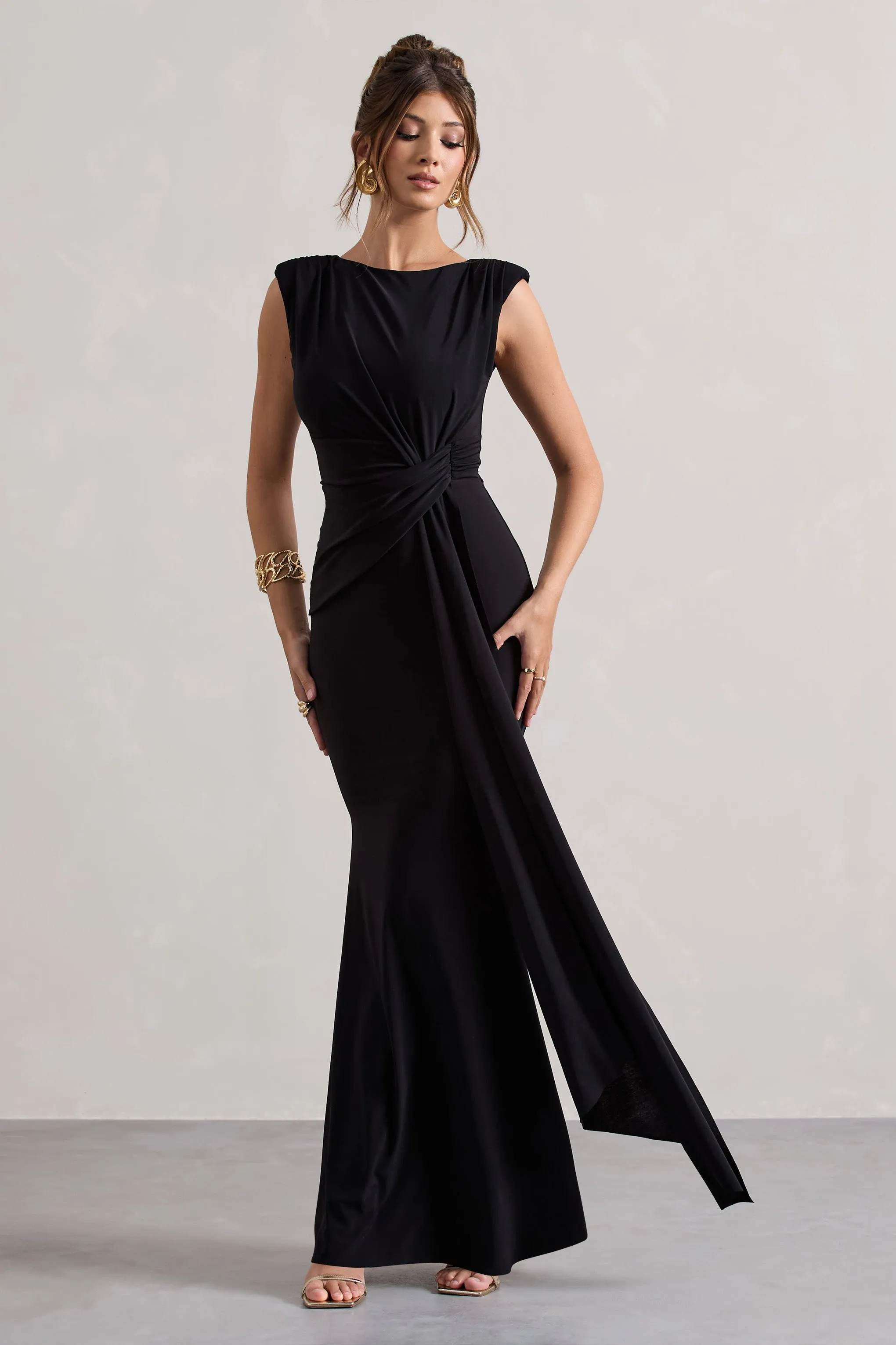 Kadie | Black Sleeveless Gathered Maxi Dress With Drape sold by Club L London