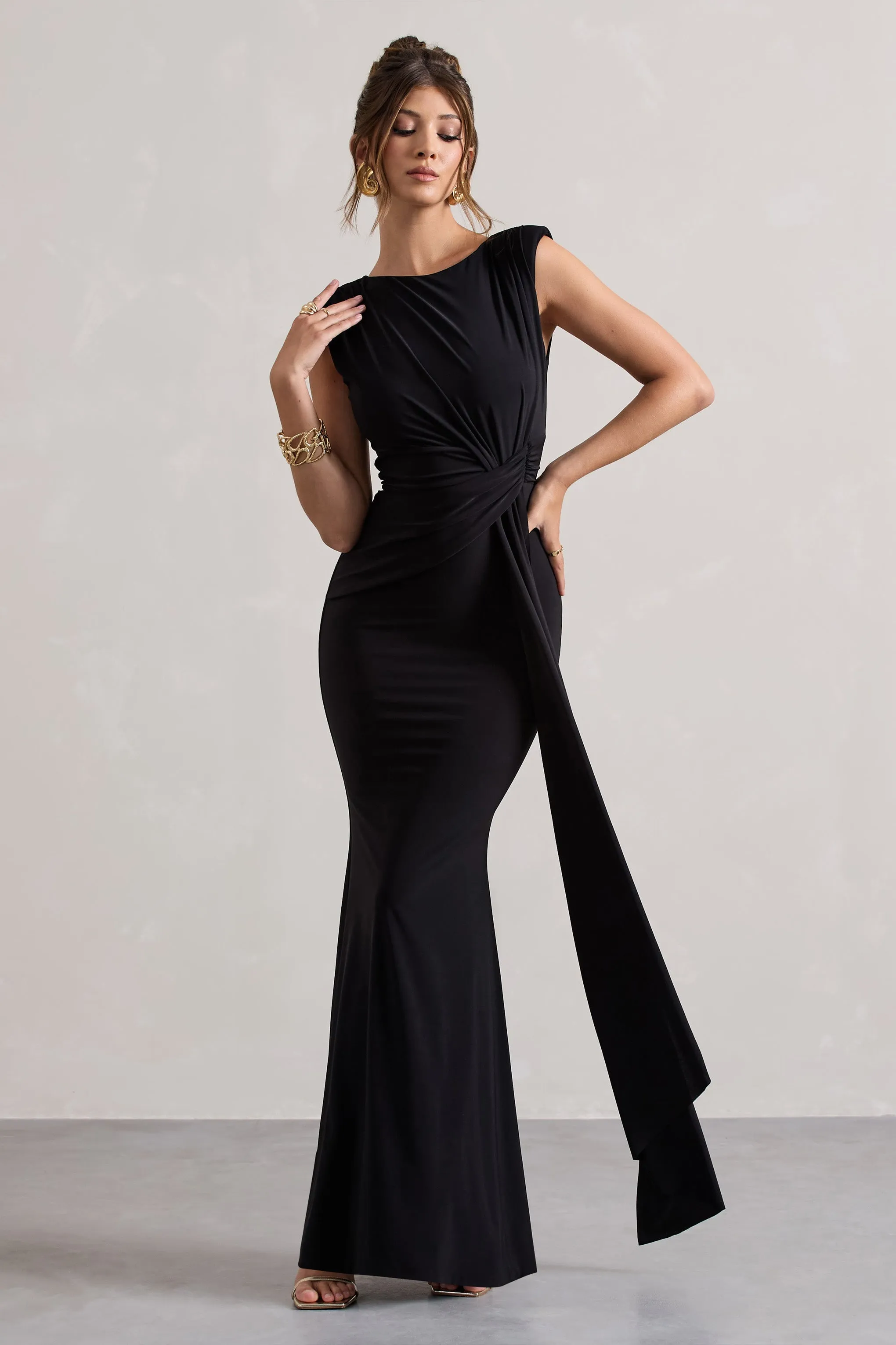 Kadie | Black Sleeveless Gathered Maxi Dress With Drape sold by Club L London product image thumbnail 4