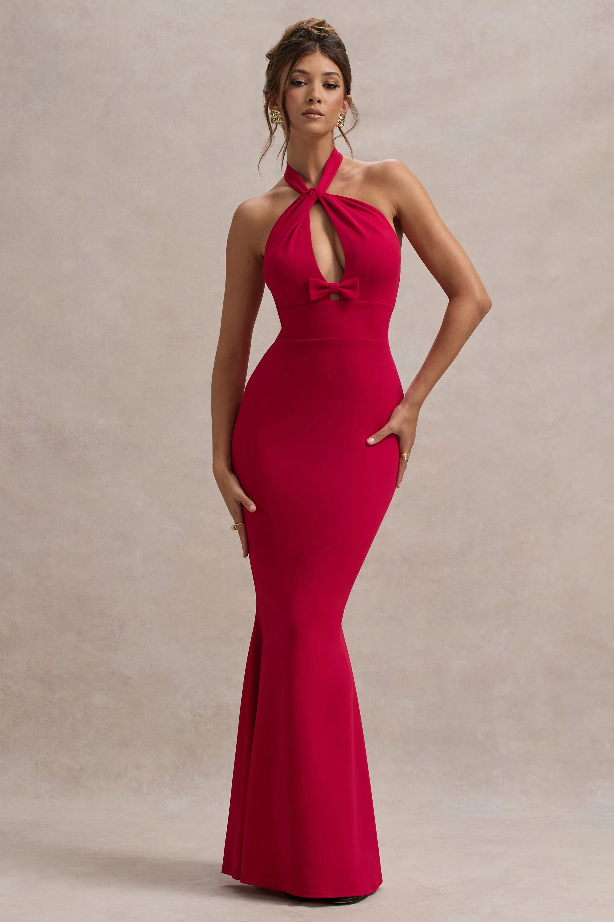 Raelynn | Red Halter-Neck Cut-Out Maxi Dress With Bow sold by Club L London