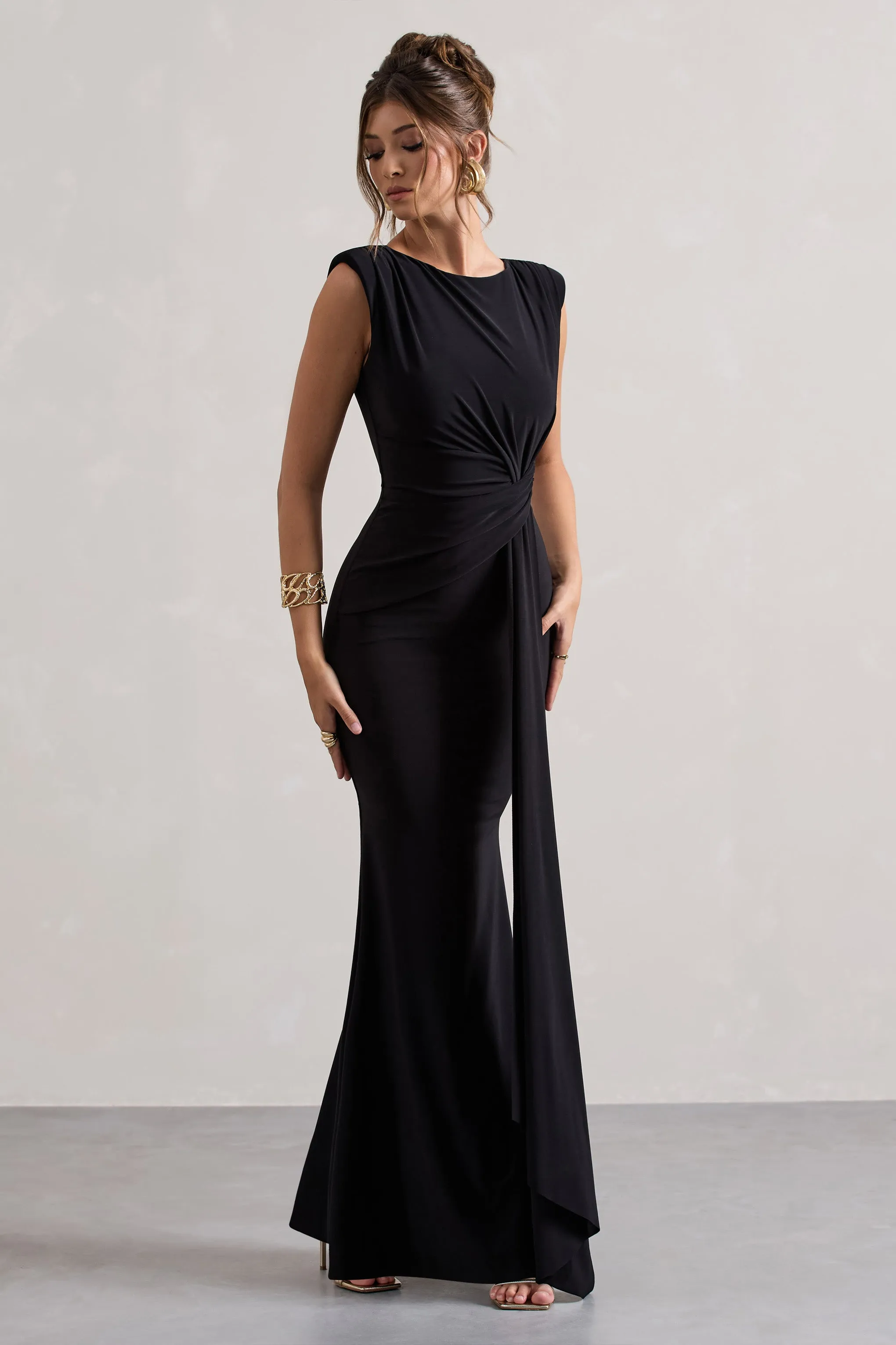 Kadie | Black Sleeveless Gathered Maxi Dress With Drape sold by Club L London product image thumbnail 5