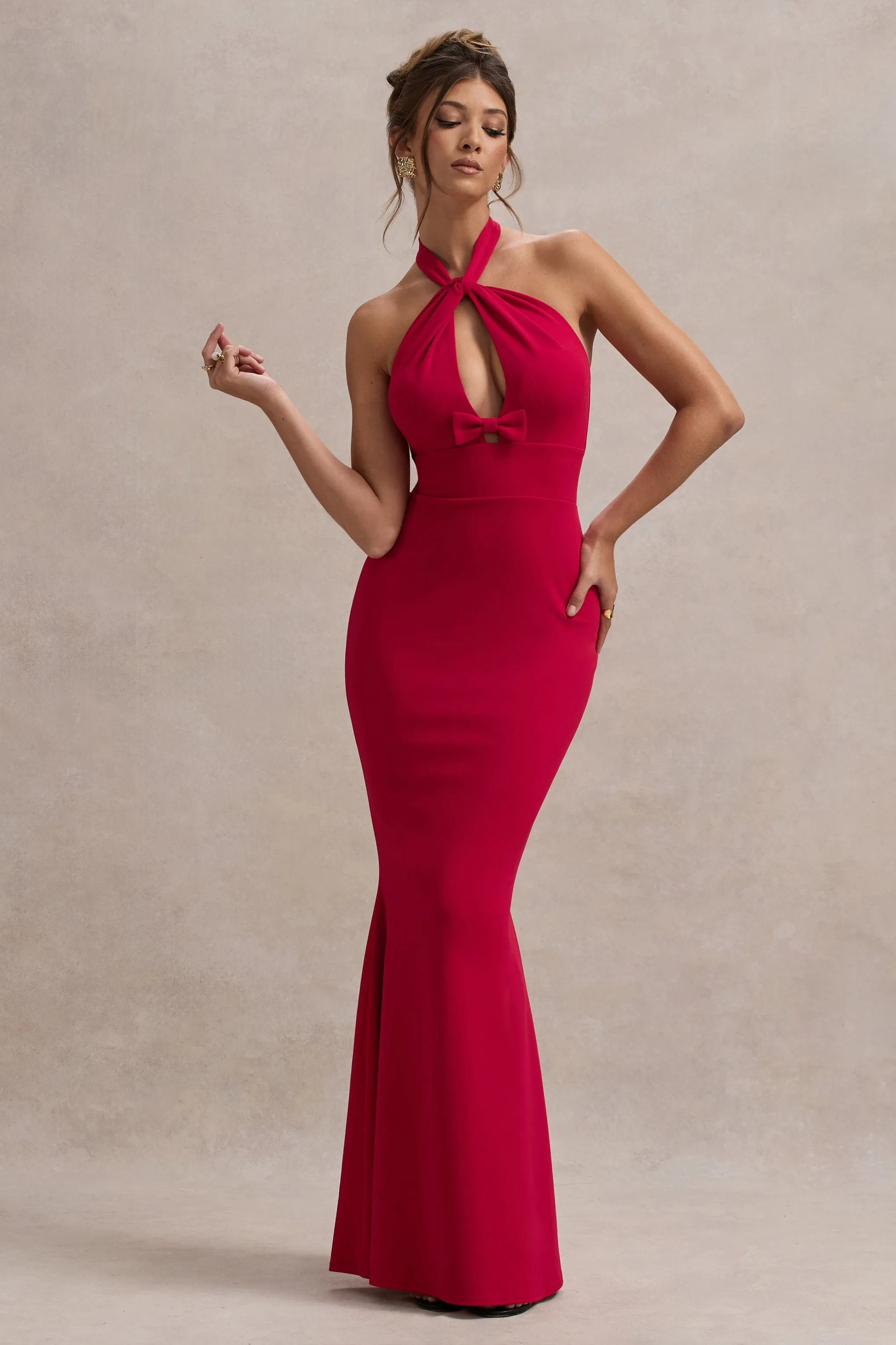 Raelynn | Red Halter-Neck Cut-Out Maxi Dress With Bow sold by Club L London product image thumbnail 4