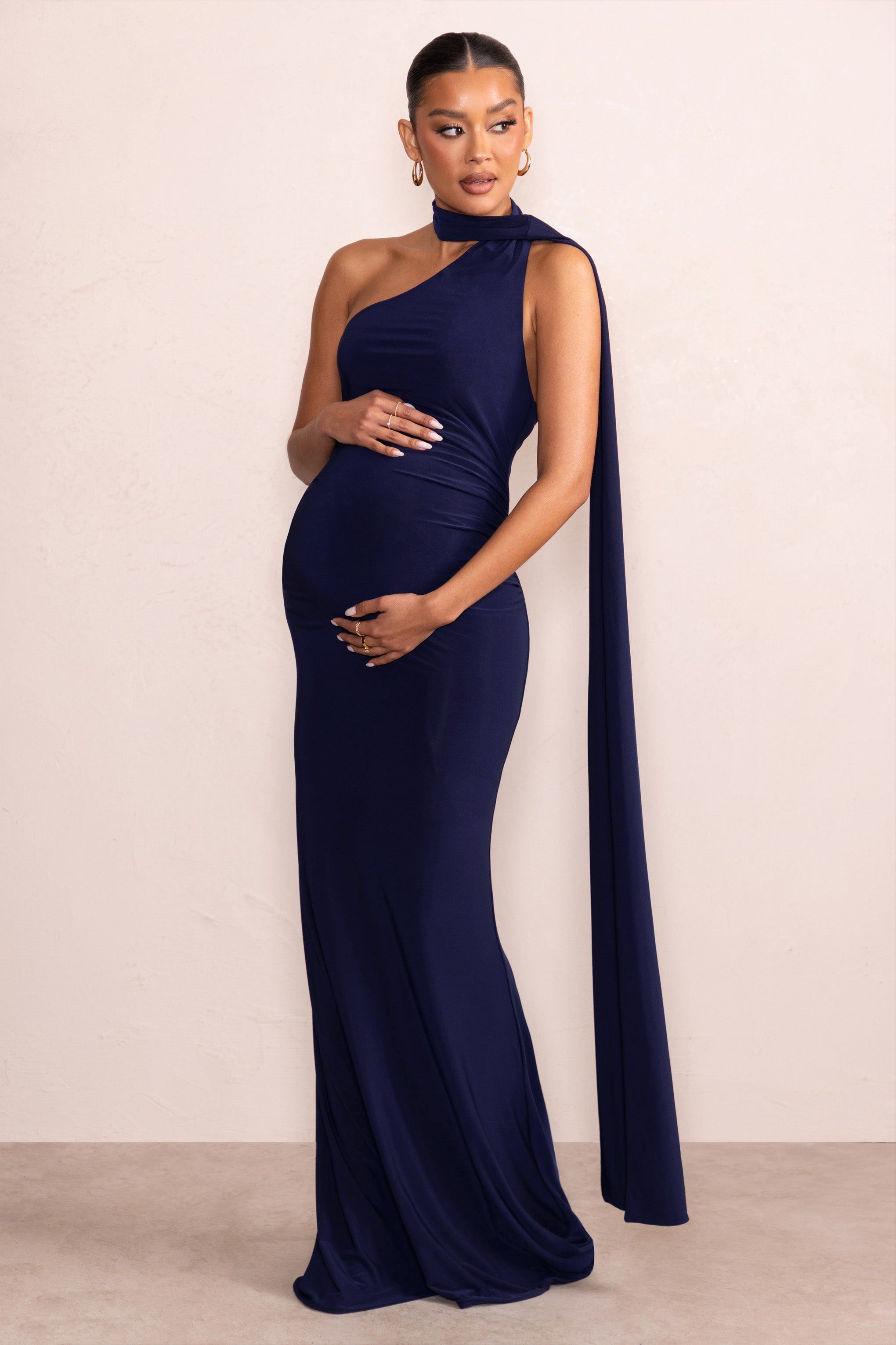 Alula | Navy Maternity Asymmetric Maxi Dress with Cape Detailing sold by Club L London