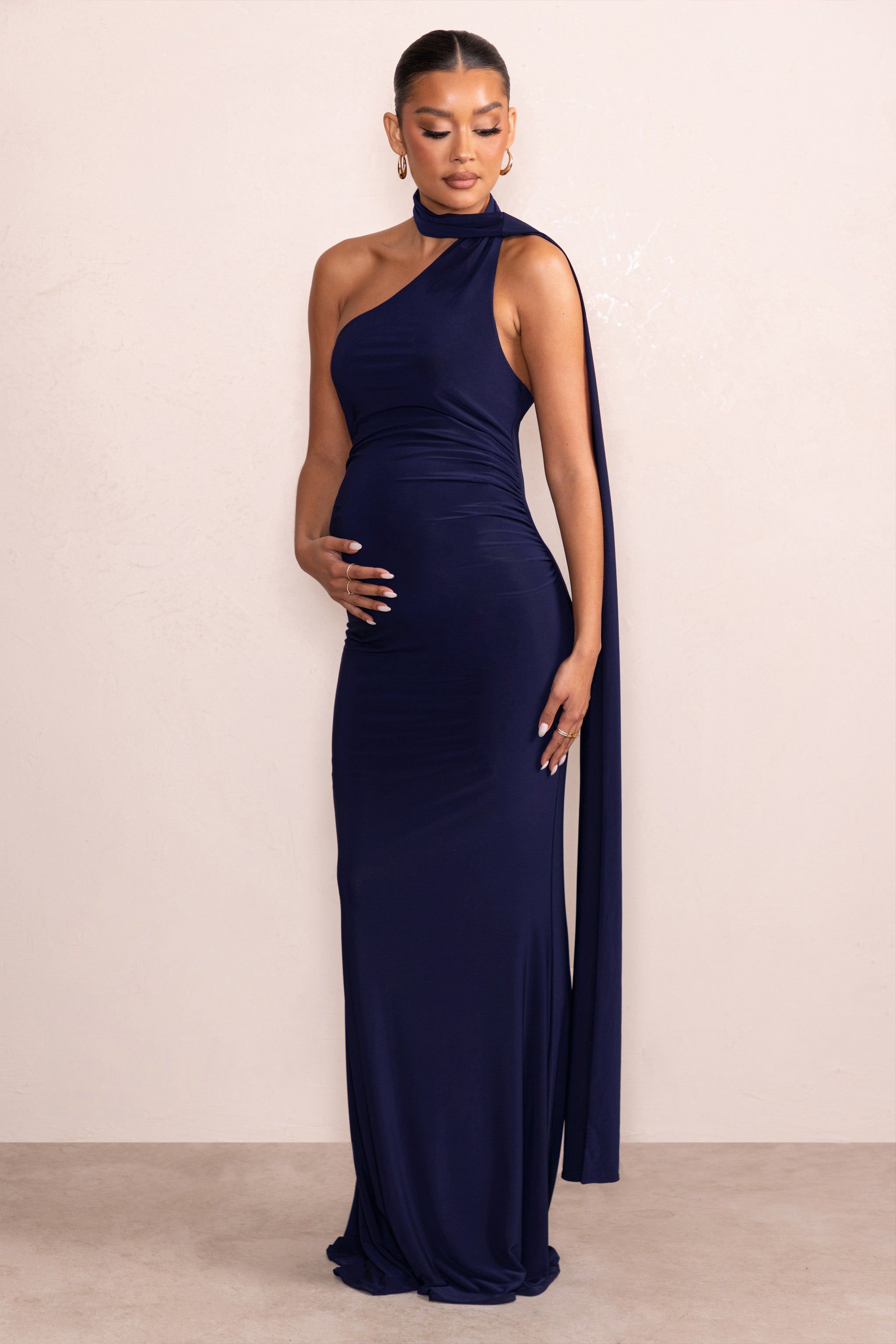 Alula | Navy Maternity Asymmetric Maxi Dress with Cape Detailing sold by Club L London product image thumbnail 4