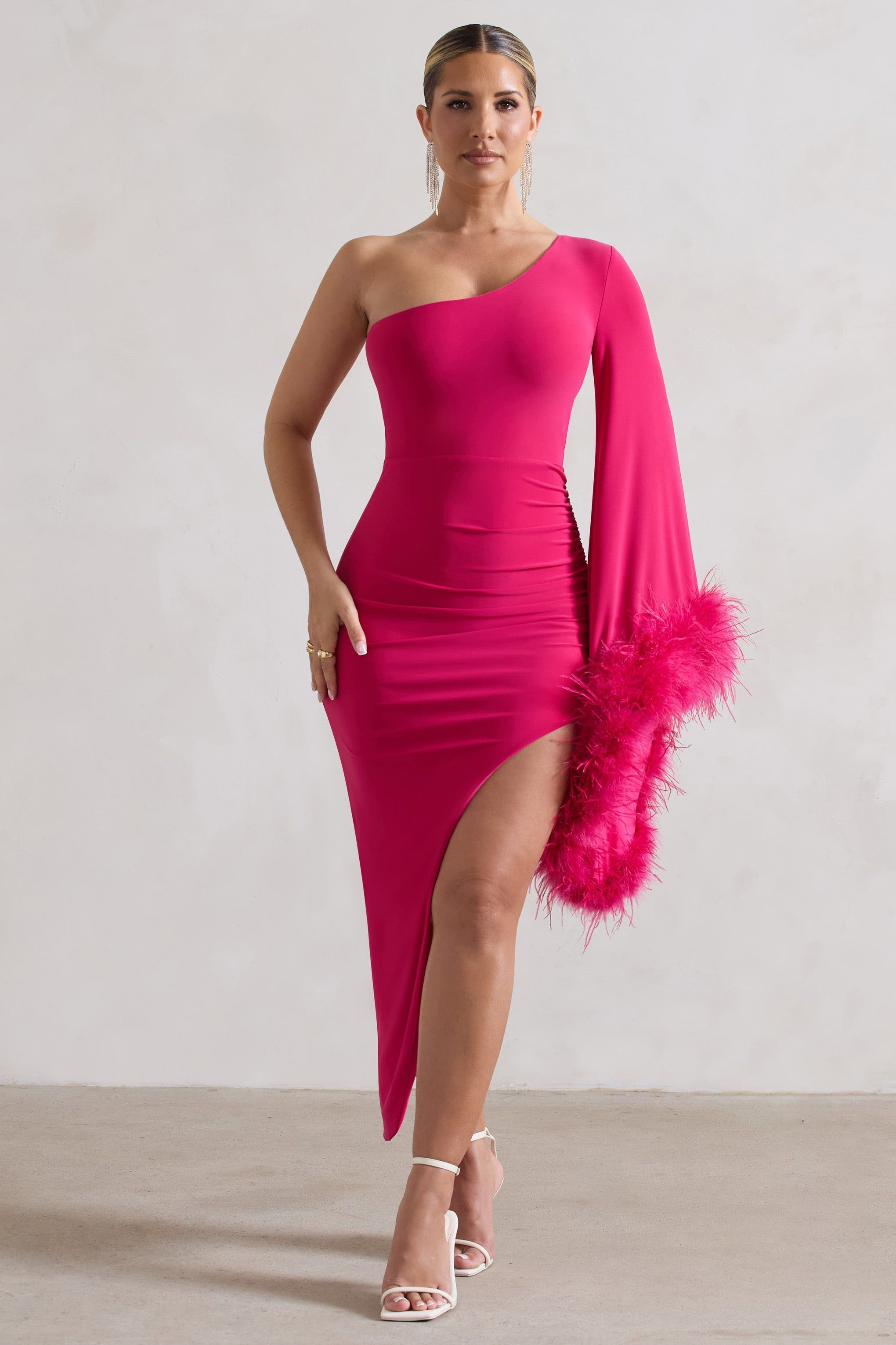 July | Dark Pink Asymmetric Cape Sleeve Maxi Dress With Feathers sold by Club L London product image thumbnail 4
