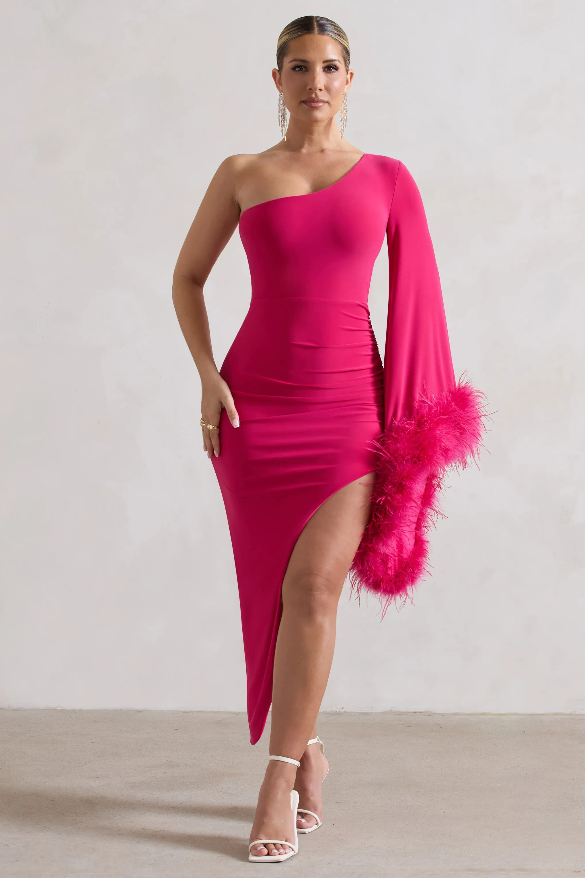 July | Dark Pink Asymmetric One Shoulder Cape Midi Dress With Feathers sold by Club L London product image thumbnail 4