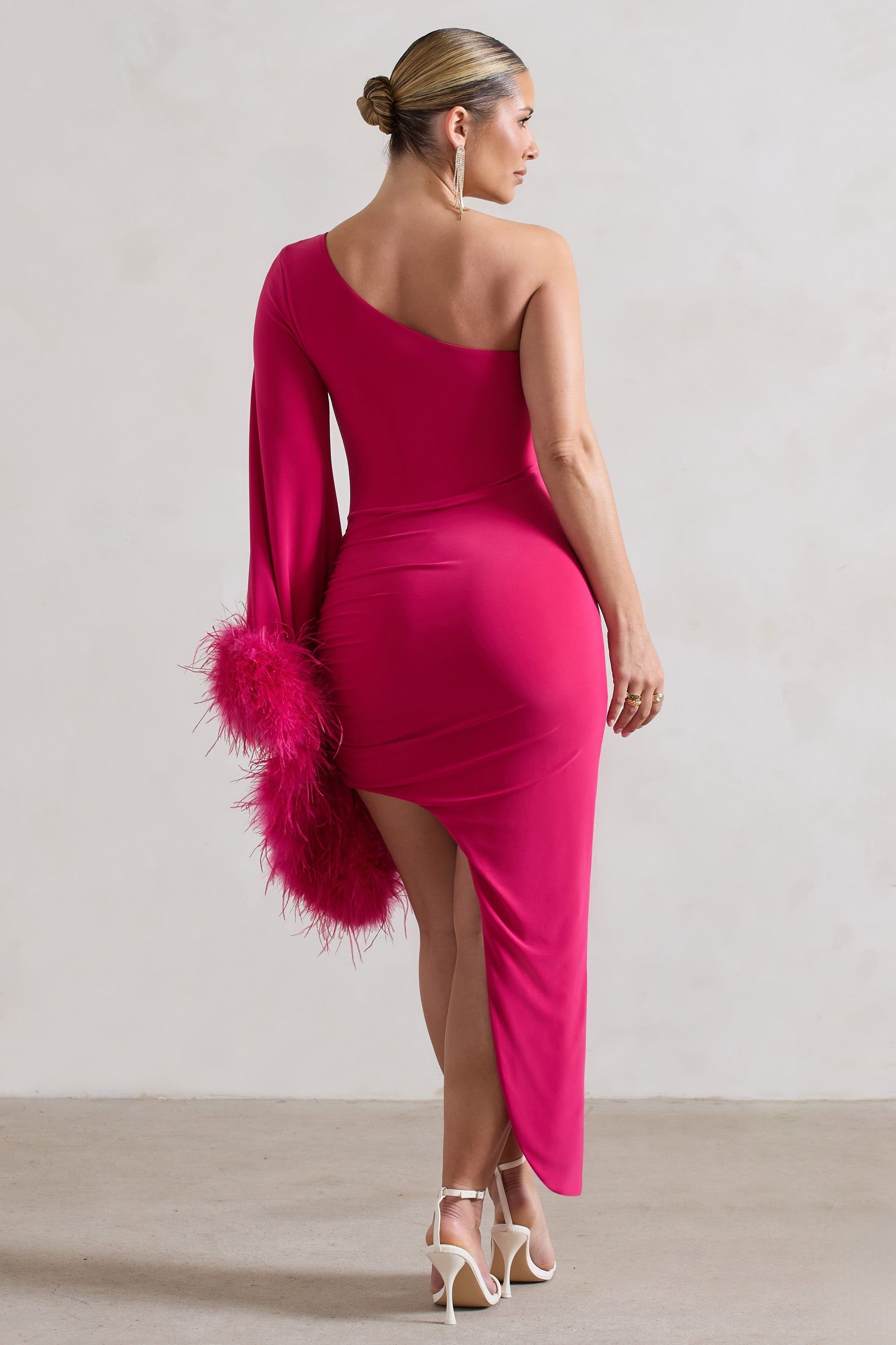 July | Dark Pink Asymmetric Cape Sleeve Maxi Dress With Feathers sold by Club L London product image thumbnail 3