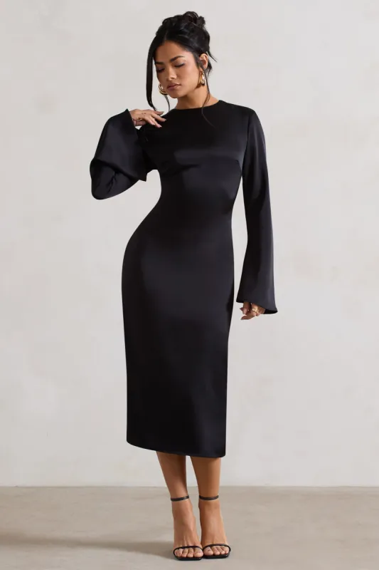 Zaina | Black Long Sleeve Midi Dress with High Neckline sold by Club L London