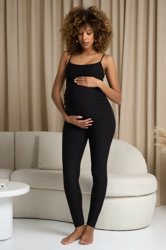 Kim | Black Strappy Skinny-Leg Maternity Unitard sold by Club L London