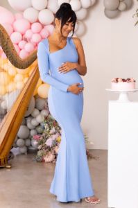 Oh Baby | Powder Blue Maternity One Shoulder Bodycon Maxi Dress sold by Club L London