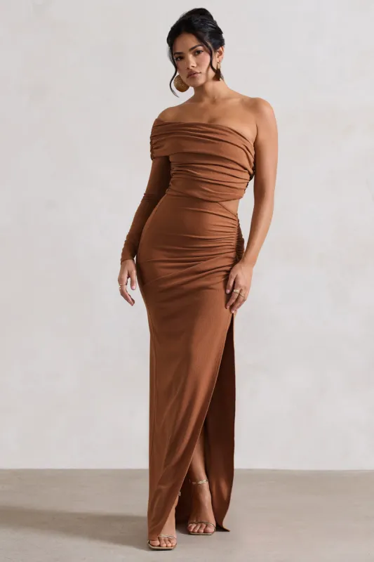 Ecuador | Camel Crinkle Asymmetric One-Sleeve Cut-Out Maxi Dress sold by Club L London