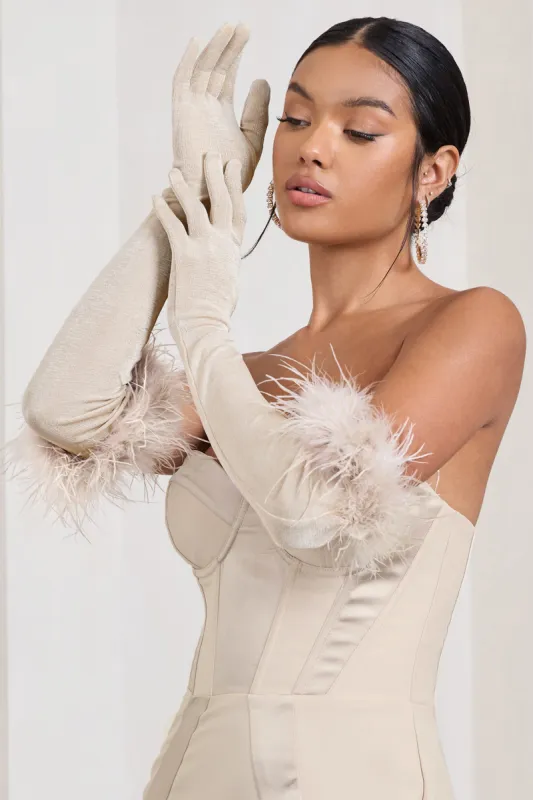 Spicy Signs | Champagne Long-Sleeved Feather Gloves sold by Club L London