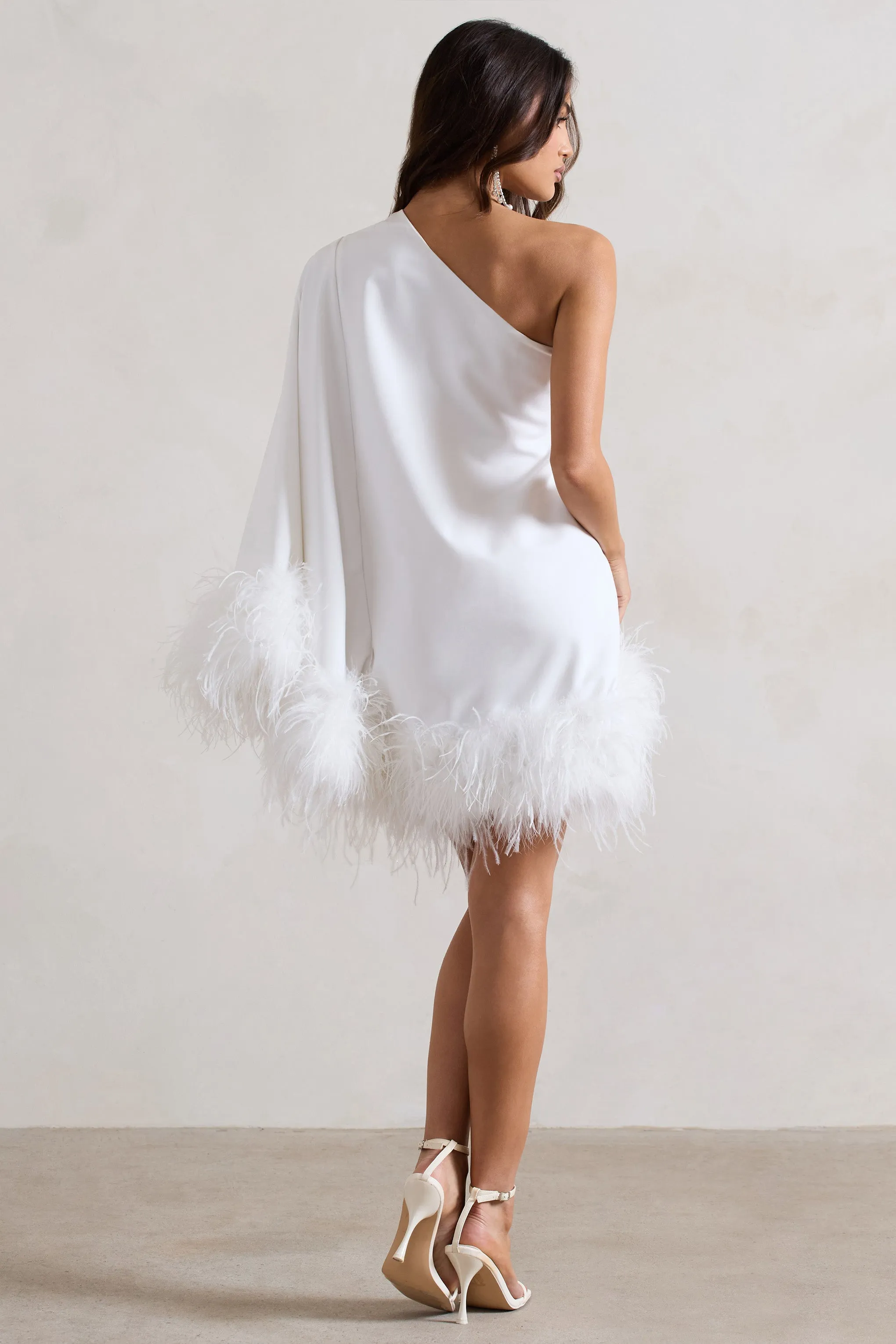 Epiphany | White One Shoulder Cape Sleeve Mini Dress With Feathers sold by Club L London product image thumbnail 4
