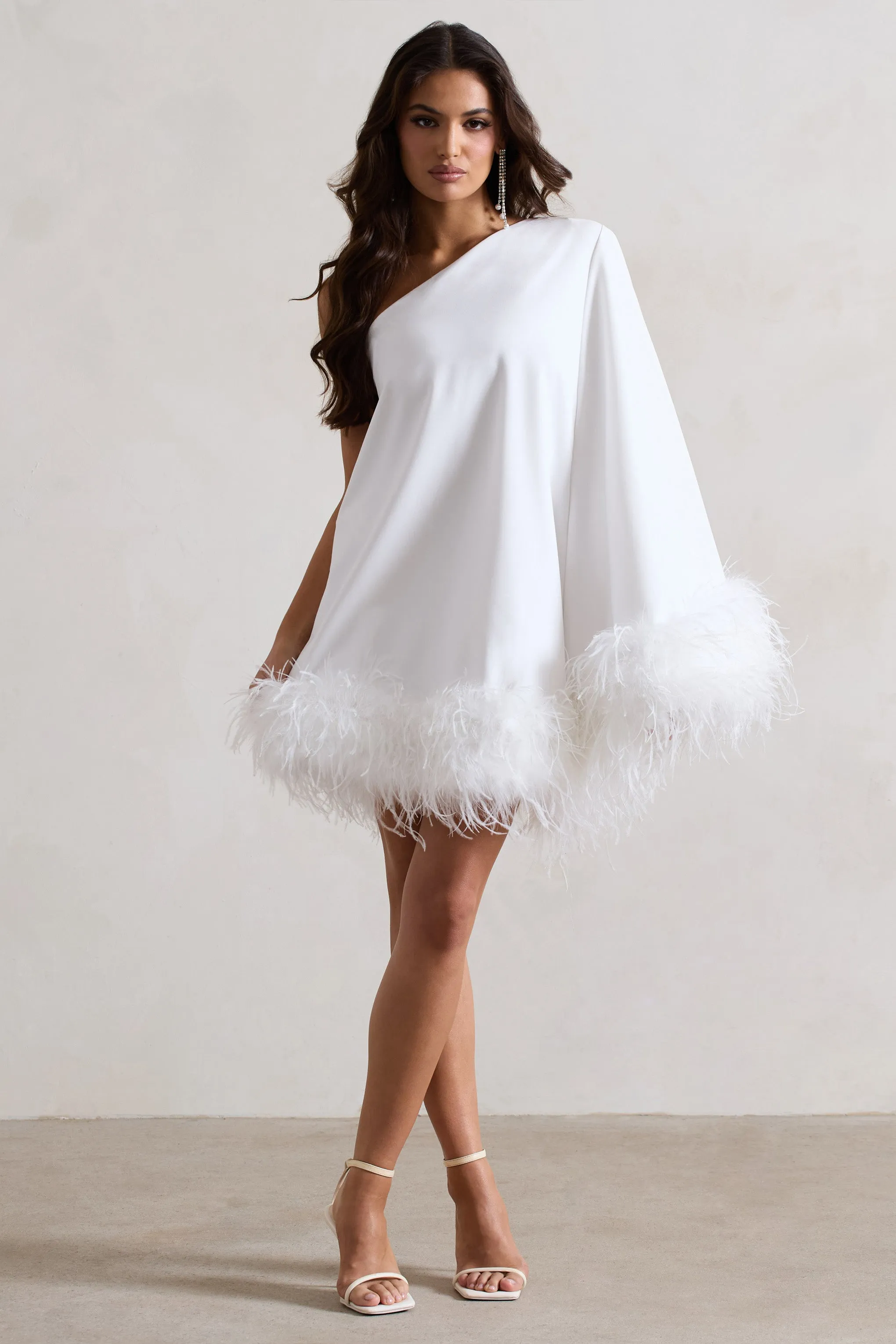 Epiphany | White One Shoulder Cape Sleeve Mini Dress With Feathers sold by Club L London product image thumbnail 3