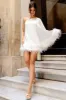 Epiphany | White One Shoulder Cape Sleeve Mini Dress With Feathers sold by Club L London