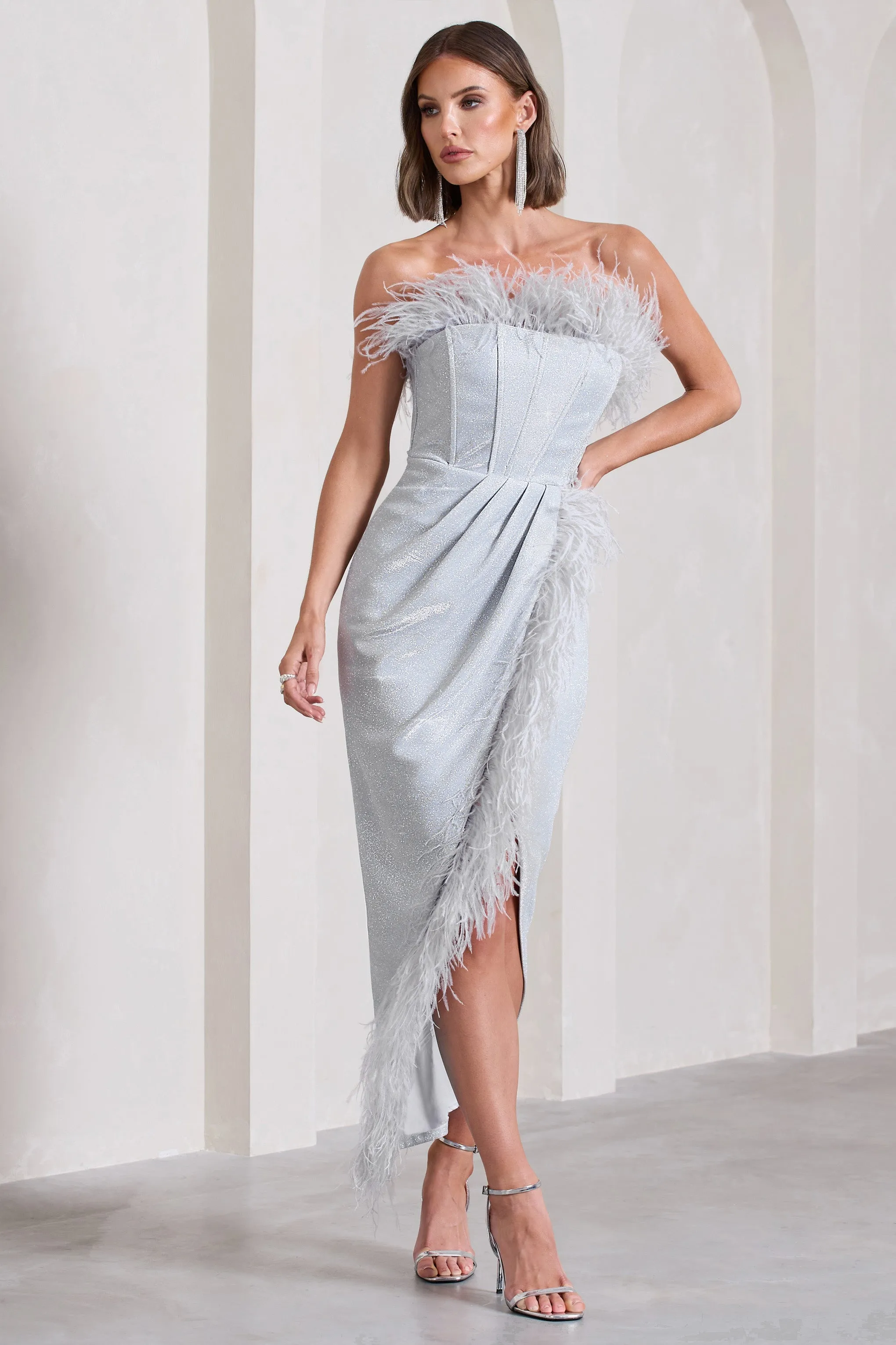 Crystal | Silver Metallic Bandeau Corset Maxi Dress With Feather Trims sold by Club L London product image thumbnail 5