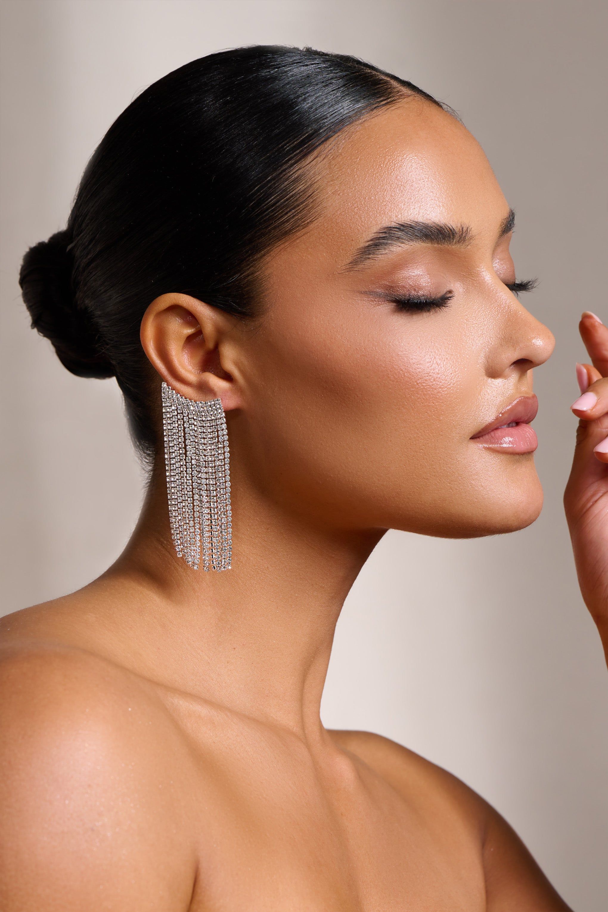 Petal | Silver Diamante Tassel Cuff Earrings sold by Club L London product image thumbnail 3