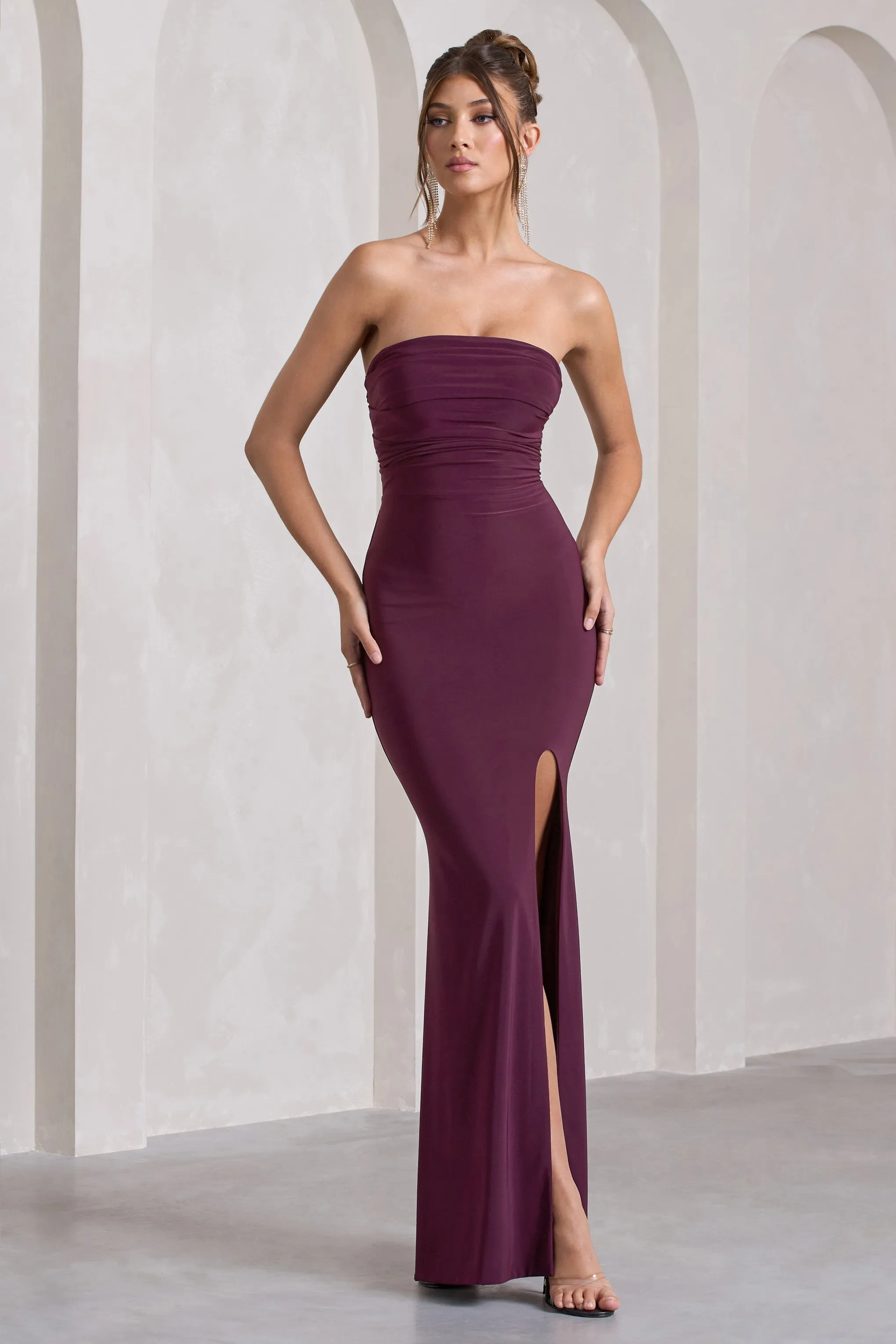 Midnight Calling | Plum Bandeau Split Lace-Up Maxi Dress sold by Club L London