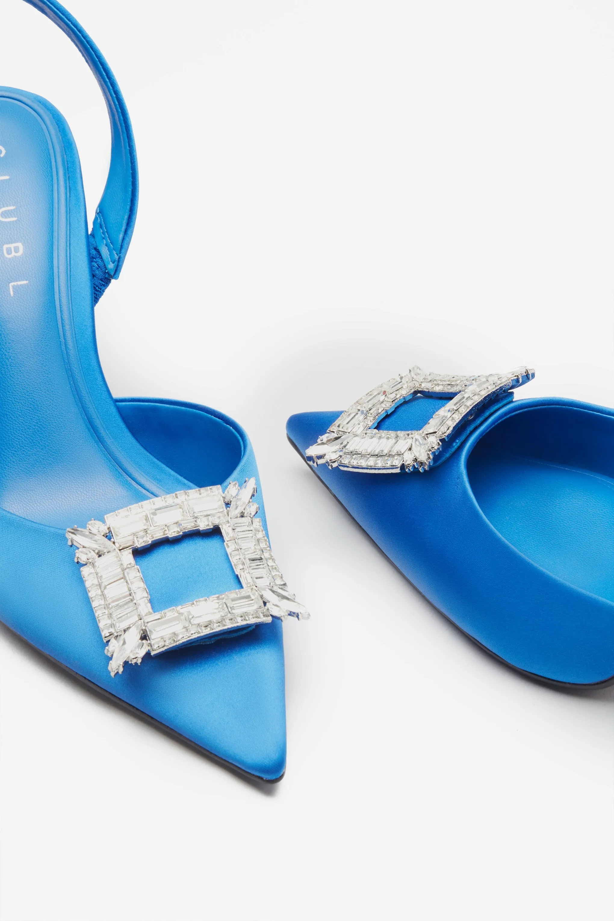 Just A Fling | Blue Satin Sling Back Heels With Diamante Brooches sold by Club L London product image thumbnail 3