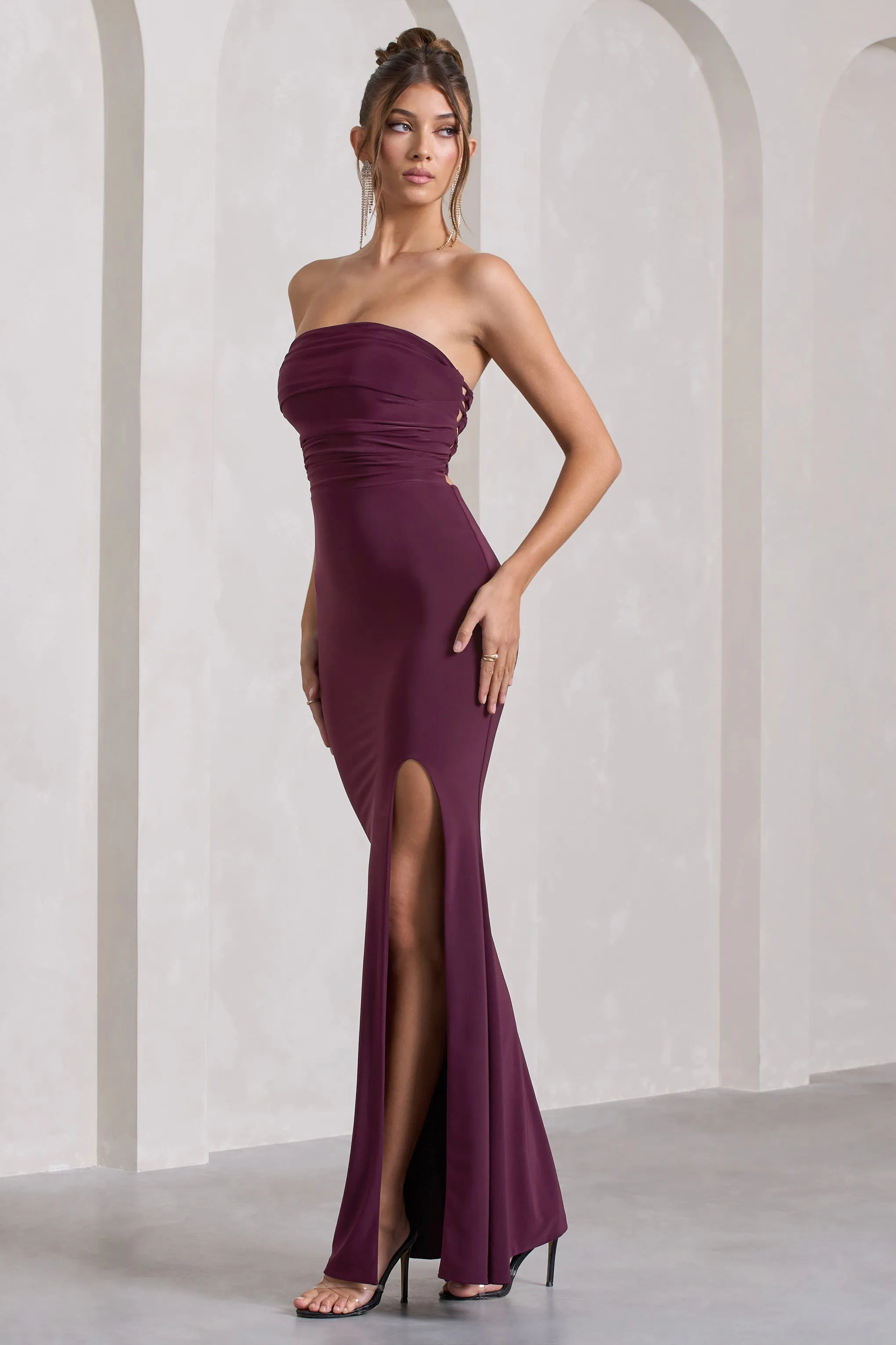 Midnight Calling | Plum Bandeau Split Lace-Up Maxi Dress sold by Club L London product image thumbnail 4
