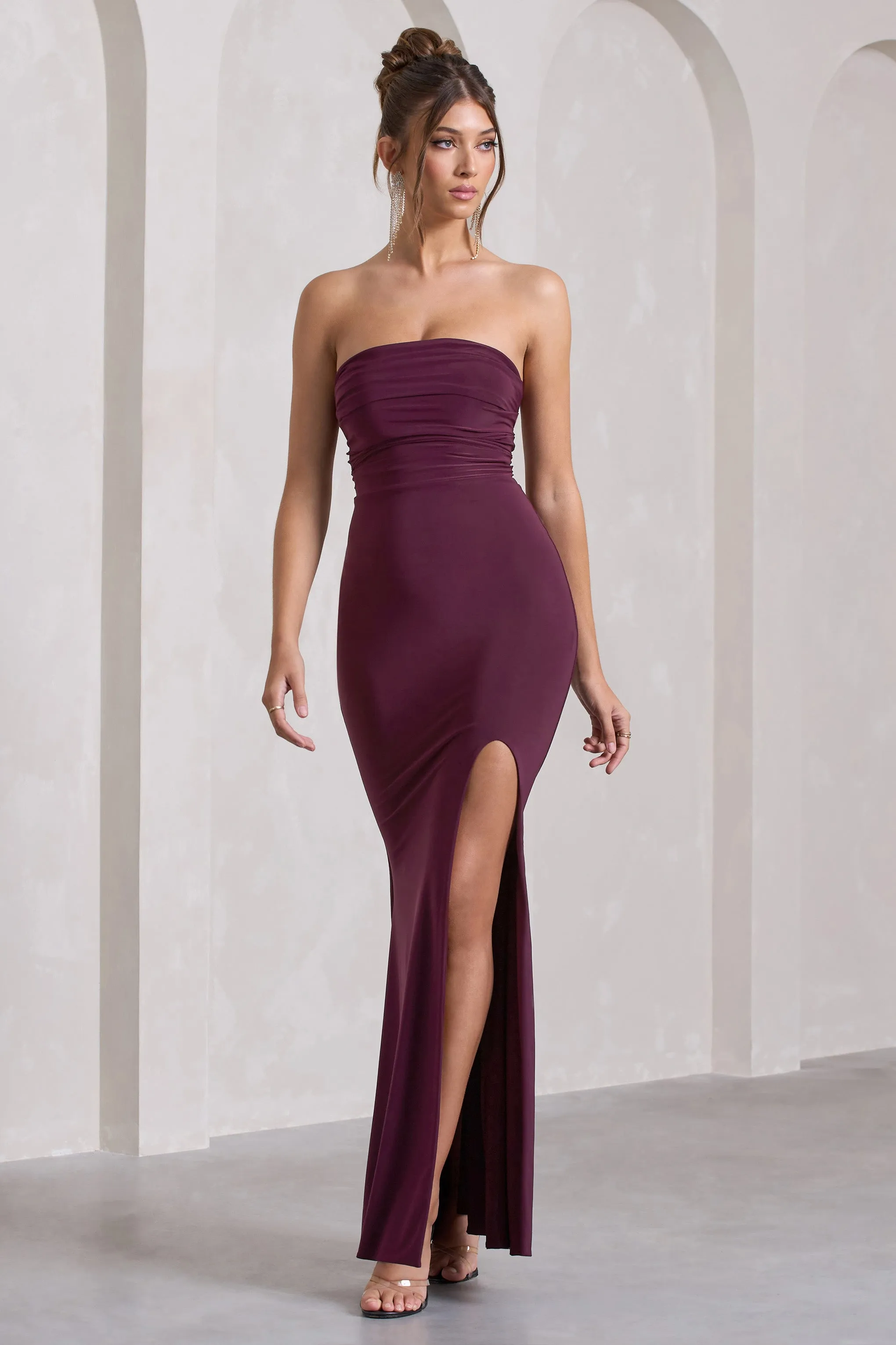 Midnight Calling | Plum Bandeau Split Lace-Up Maxi Dress sold by Club L London product image thumbnail 3