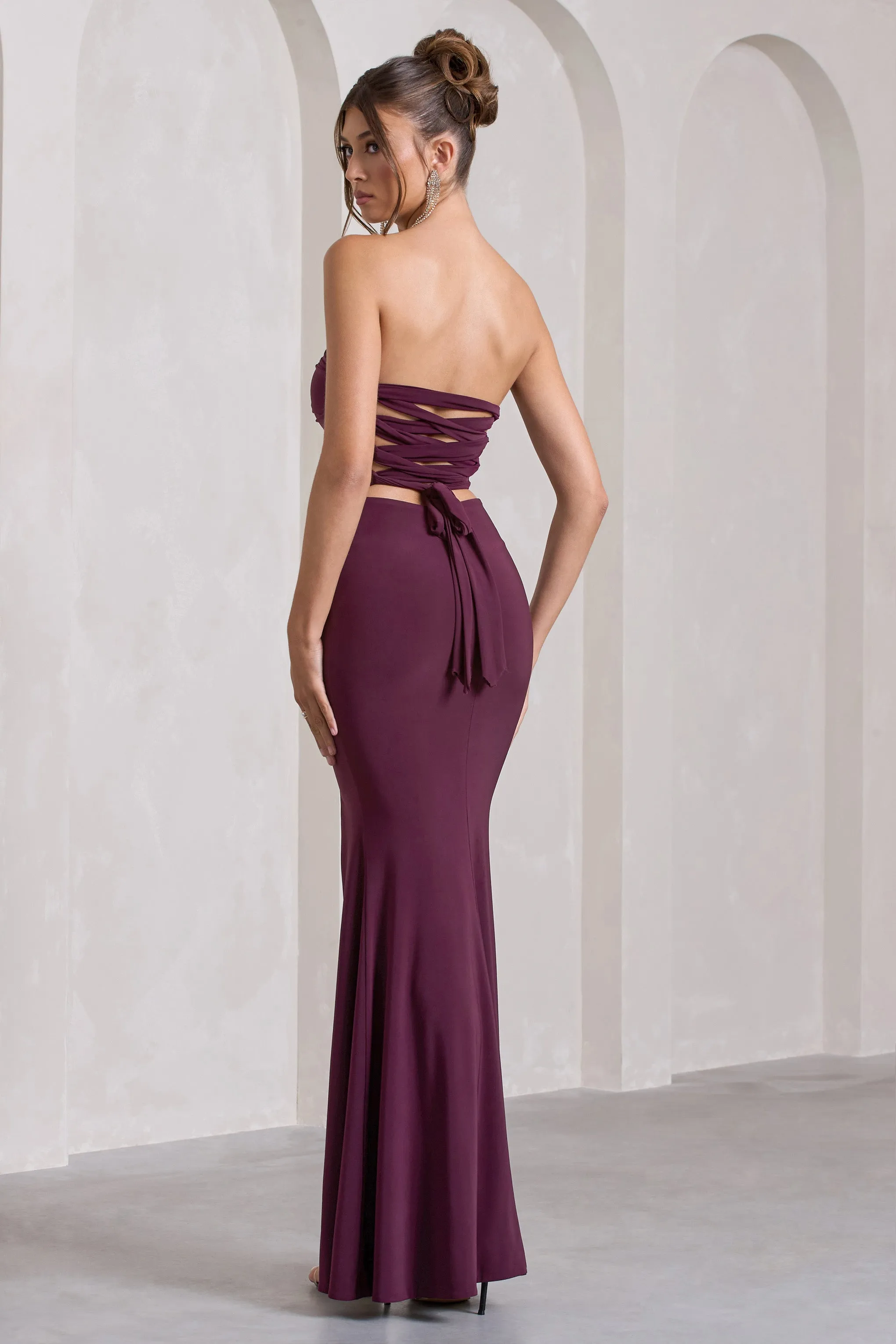 Midnight Calling | Plum Bandeau Split Lace-Up Maxi Dress sold by Club L London product image thumbnail 2