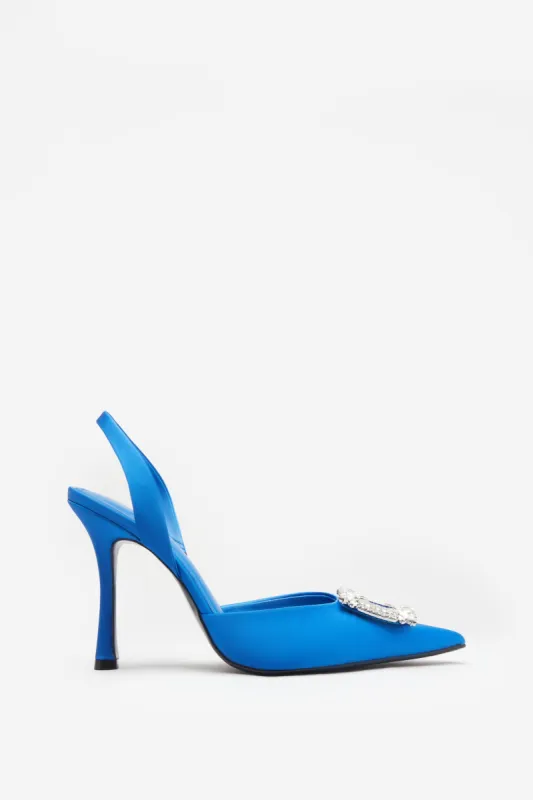 Just A Fling | Blue Satin Sling Back Heels With Diamante Brooches sold by Club L London