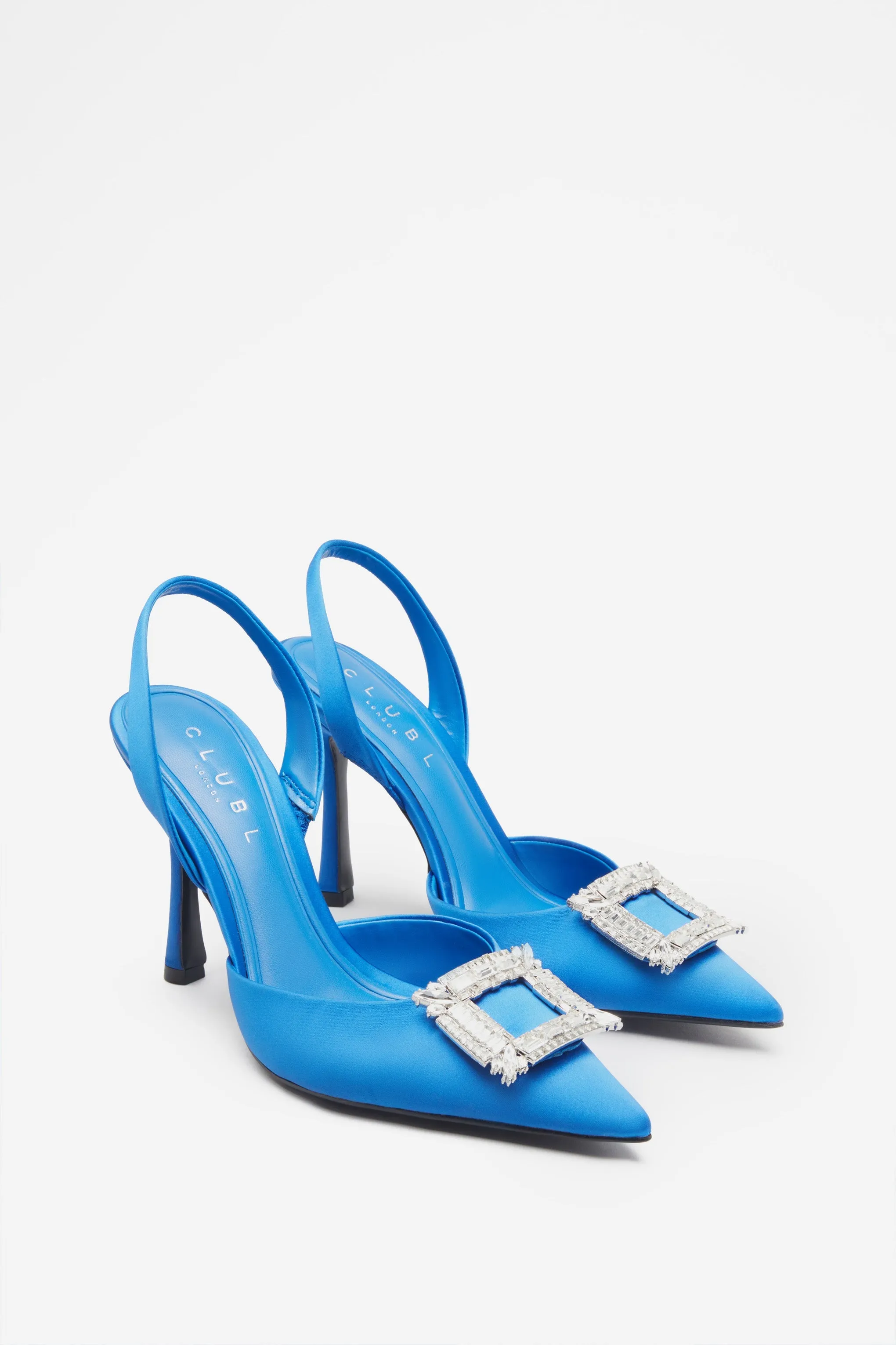 Just A Fling | Blue Satin Sling Back Heels With Diamante Brooches sold by Club L London product image thumbnail 2