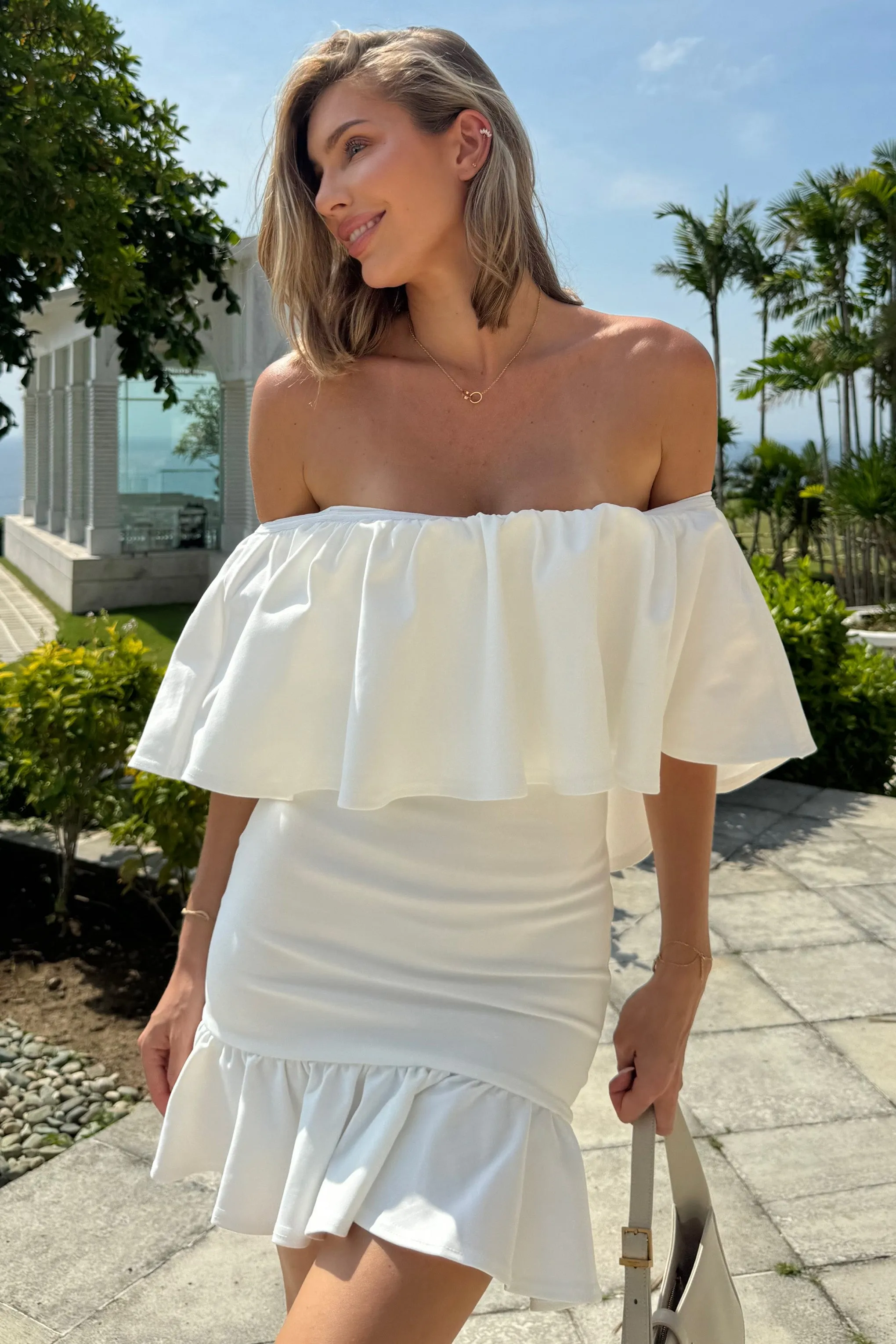 Neha | White Ruffled Bardot Mini Dress sold by Club L London