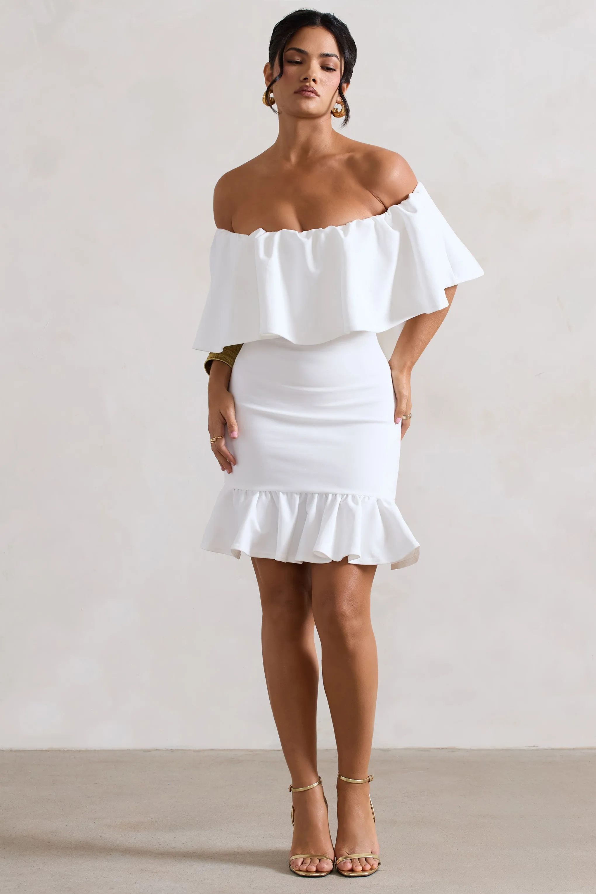 Neha | White Ruffled Bardot Mini Dress sold by Club L London product image thumbnail 2