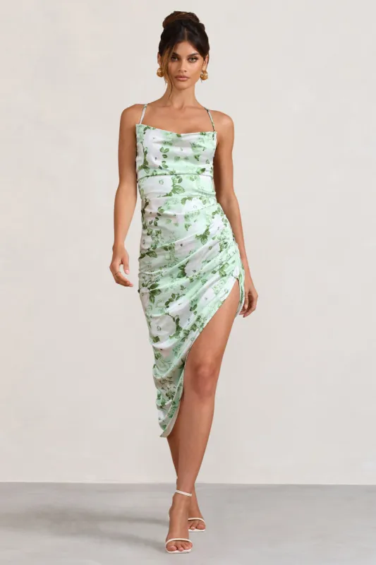 Risk It All | White & Green Floral Print Satin Cowl Asymmetric Midi Dress sold by Club L London
