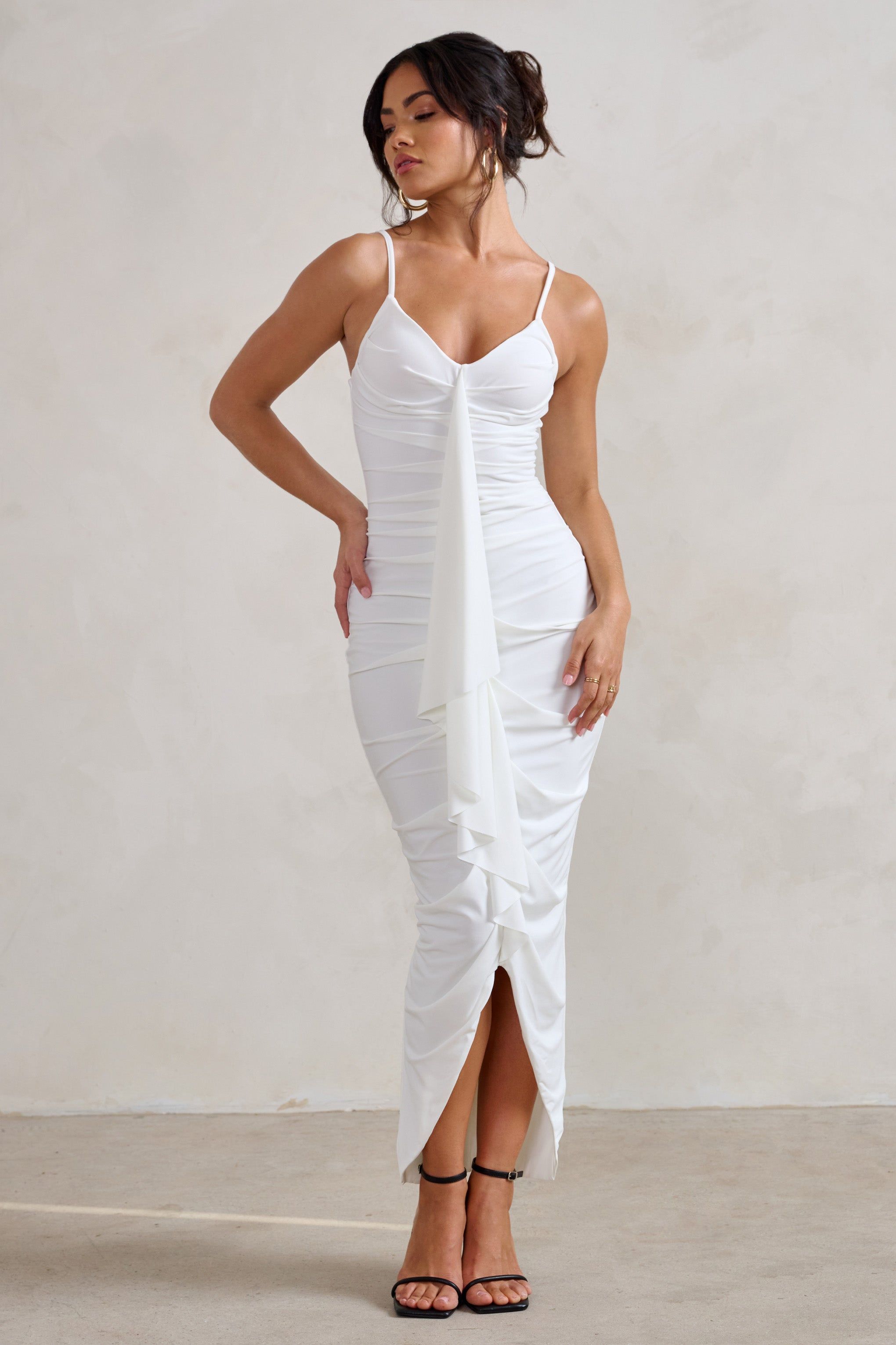 Dorothy | White Plunge V Neckline Ruffle Midi Dress sold by Club L London product image thumbnail 4