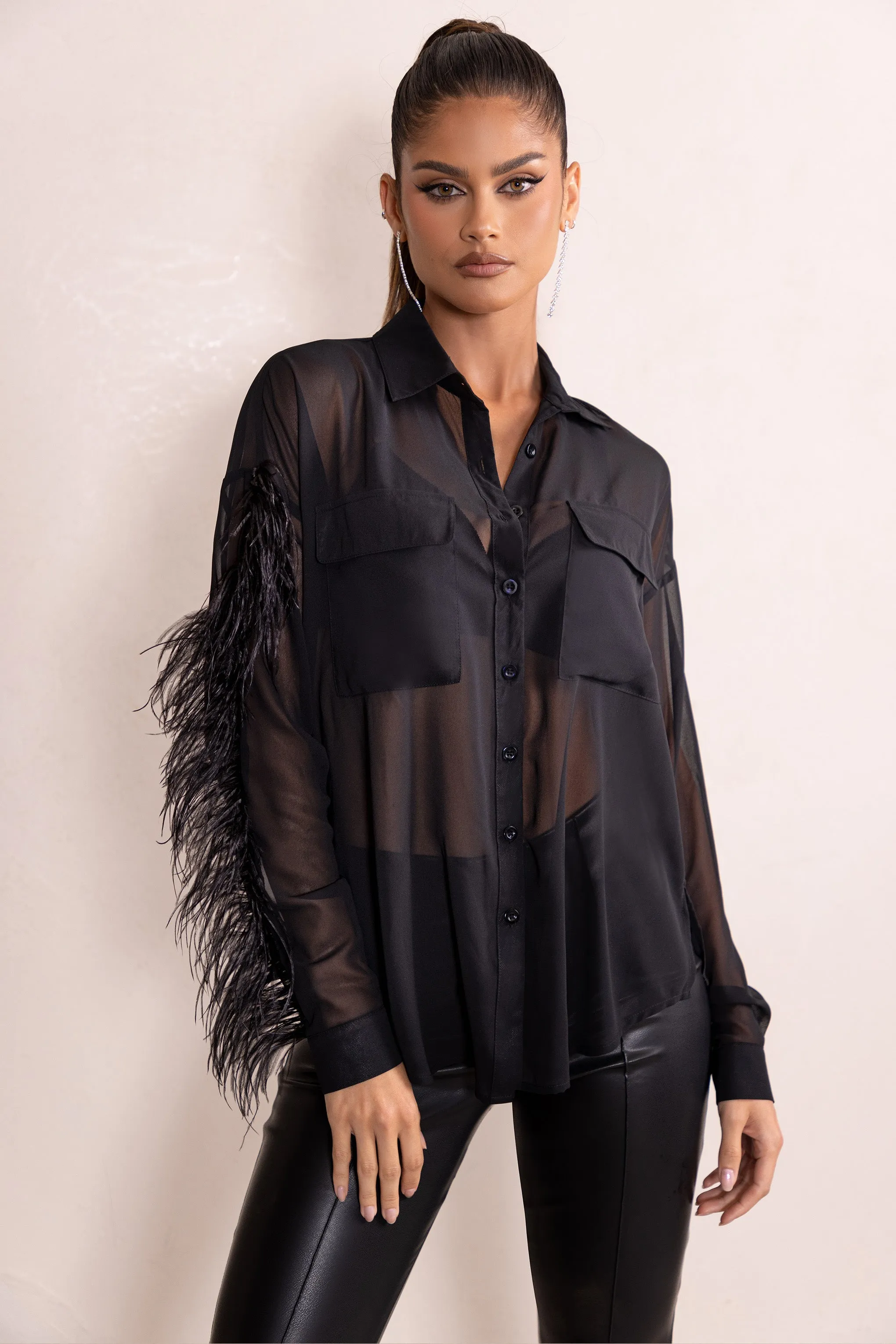 Loosen Up | Black Plunge Neck Utility Pockets Shirt With Feather Trim sold by Club L London product image thumbnail 4