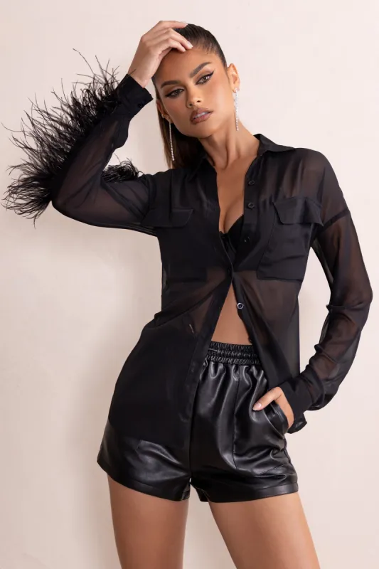 Loosen Up | Black Plunge Neck Utility Pockets Shirt With Feather Trim sold by Club L London