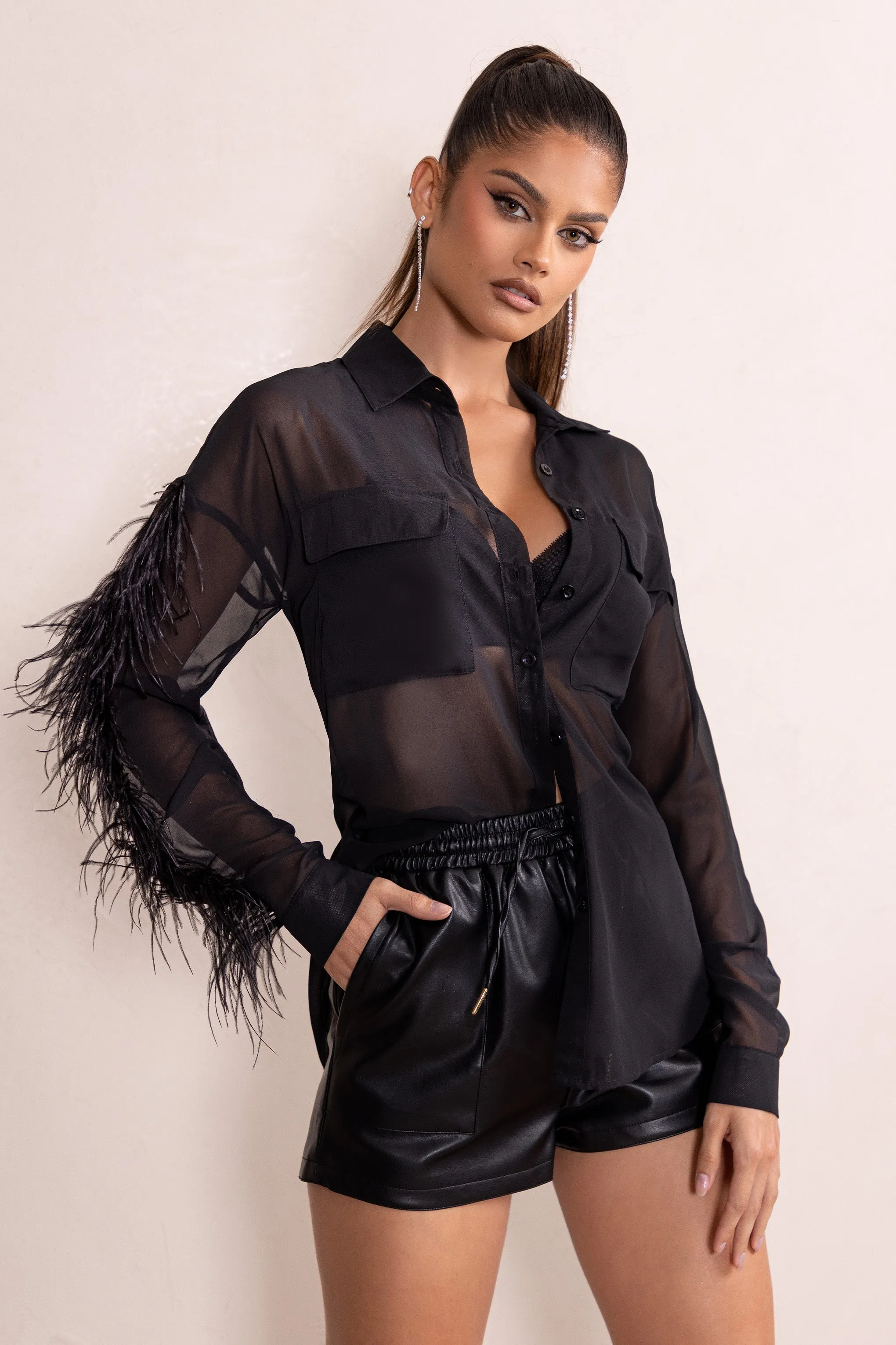 Loosen Up | Black Plunge Neck Utility Pockets Shirt With Feather Trim sold by Club L London product image thumbnail 3