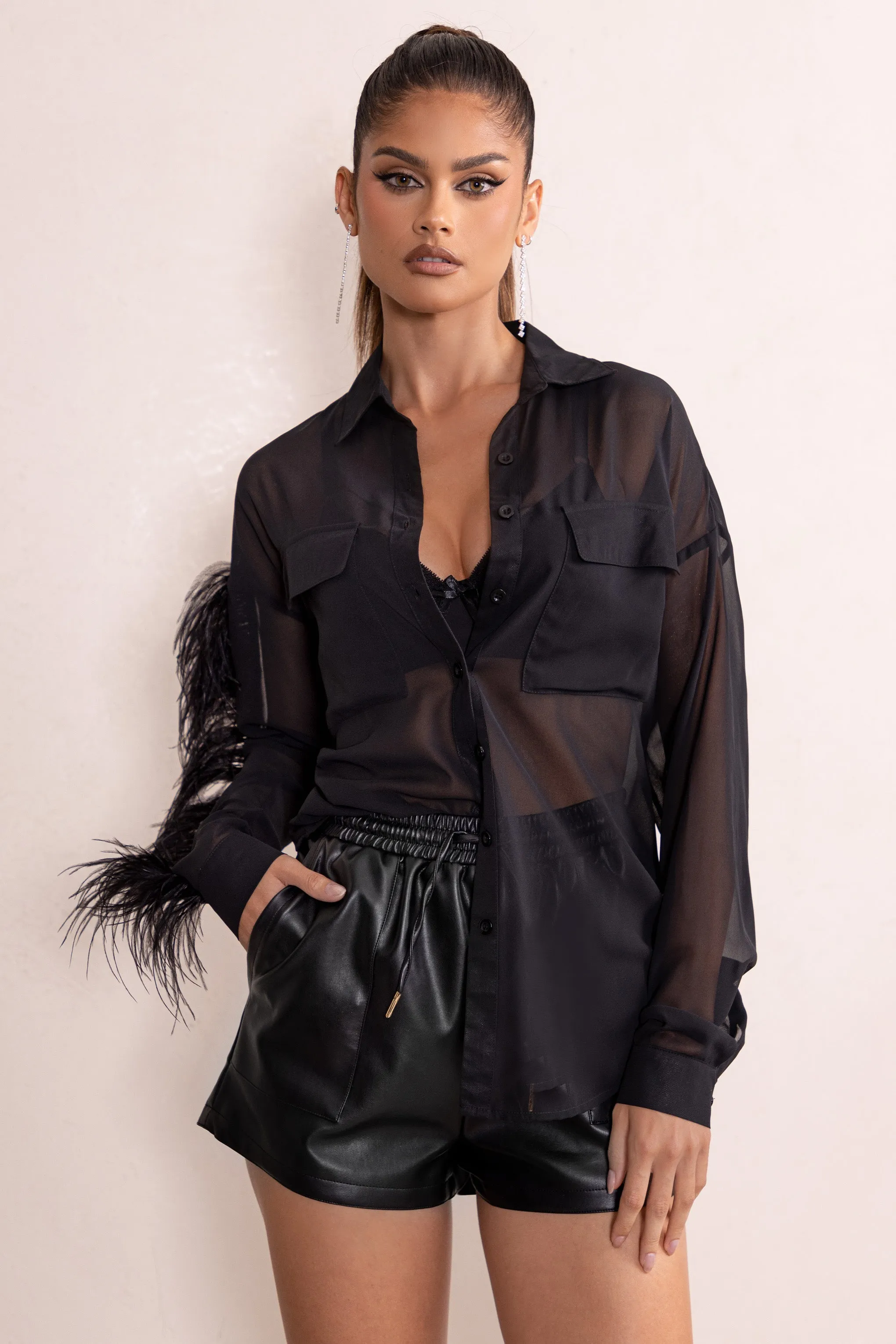 Loosen Up | Black Plunge Neck Utility Pockets Shirt With Feather Trim sold by Club L London product image thumbnail 2