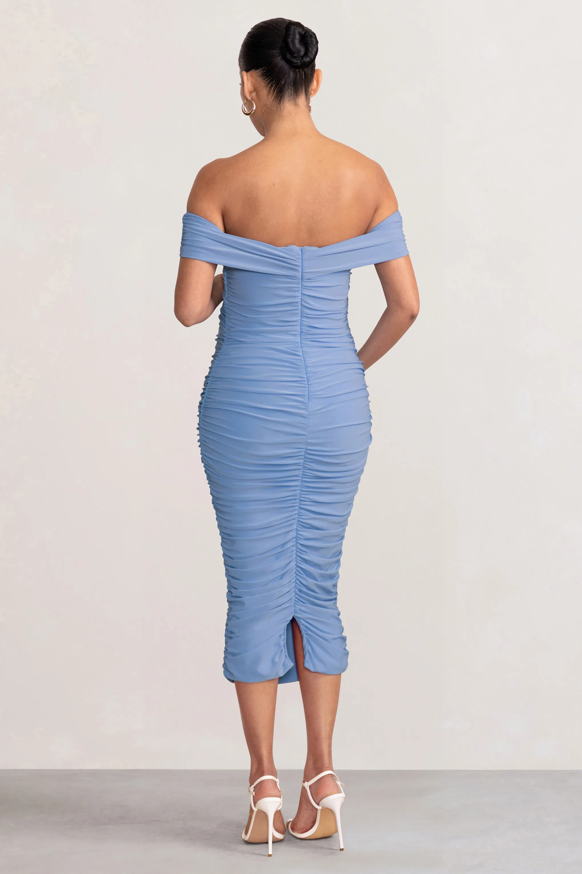 Perfection | Powder Blue Maternity Bardot Knot Ruched Midi Dress sold by Club L London product image thumbnail 2