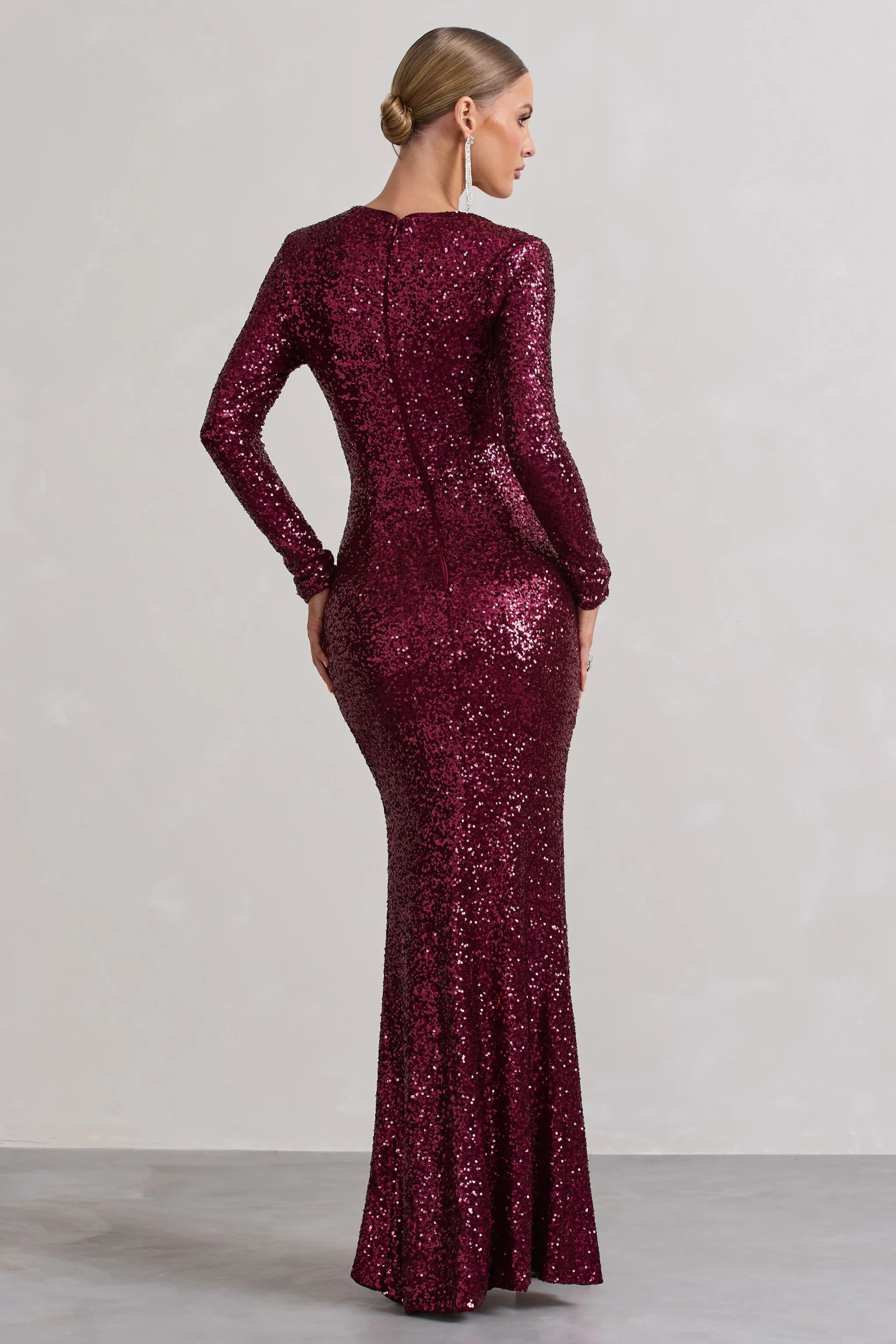 Remarkable | Burgundy Sequin Long-Sleeved Twisted Maxi Dress sold by Club L London product image thumbnail 2