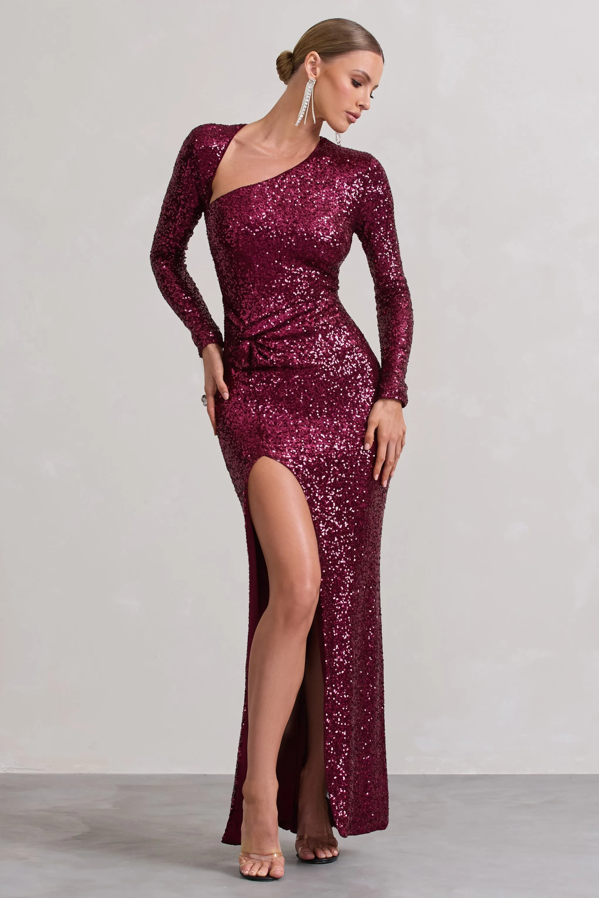 Remarkable | Burgundy Sequin Long-Sleeved Twisted Maxi Dress sold by Club L London