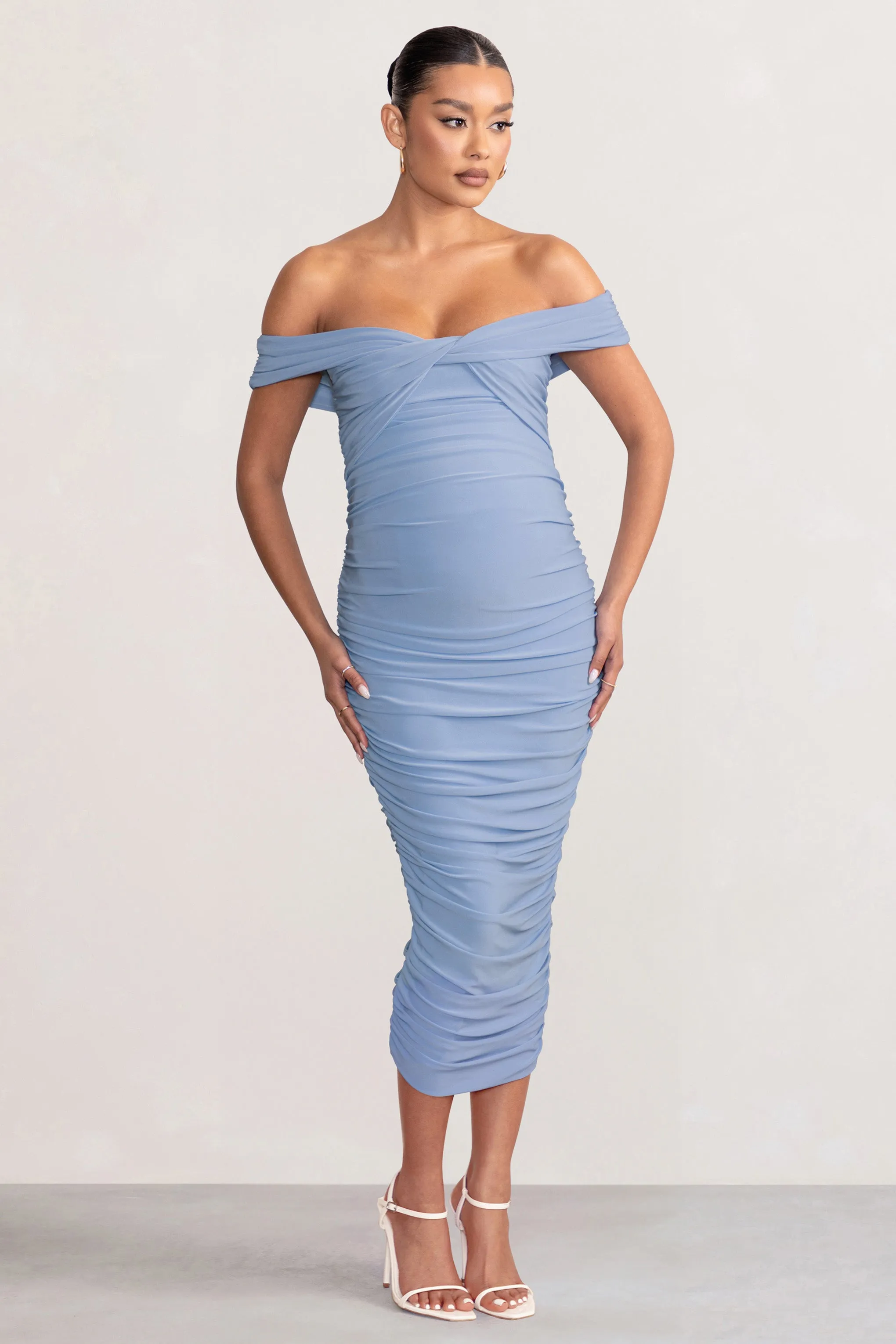 Perfection | Powder Blue Maternity Bardot Knot Ruched Midi Dress sold by Club L London product image thumbnail 4