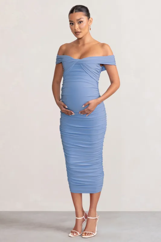 Perfection | Powder Blue Maternity Bardot Knot Ruched Midi Dress sold by Club L London