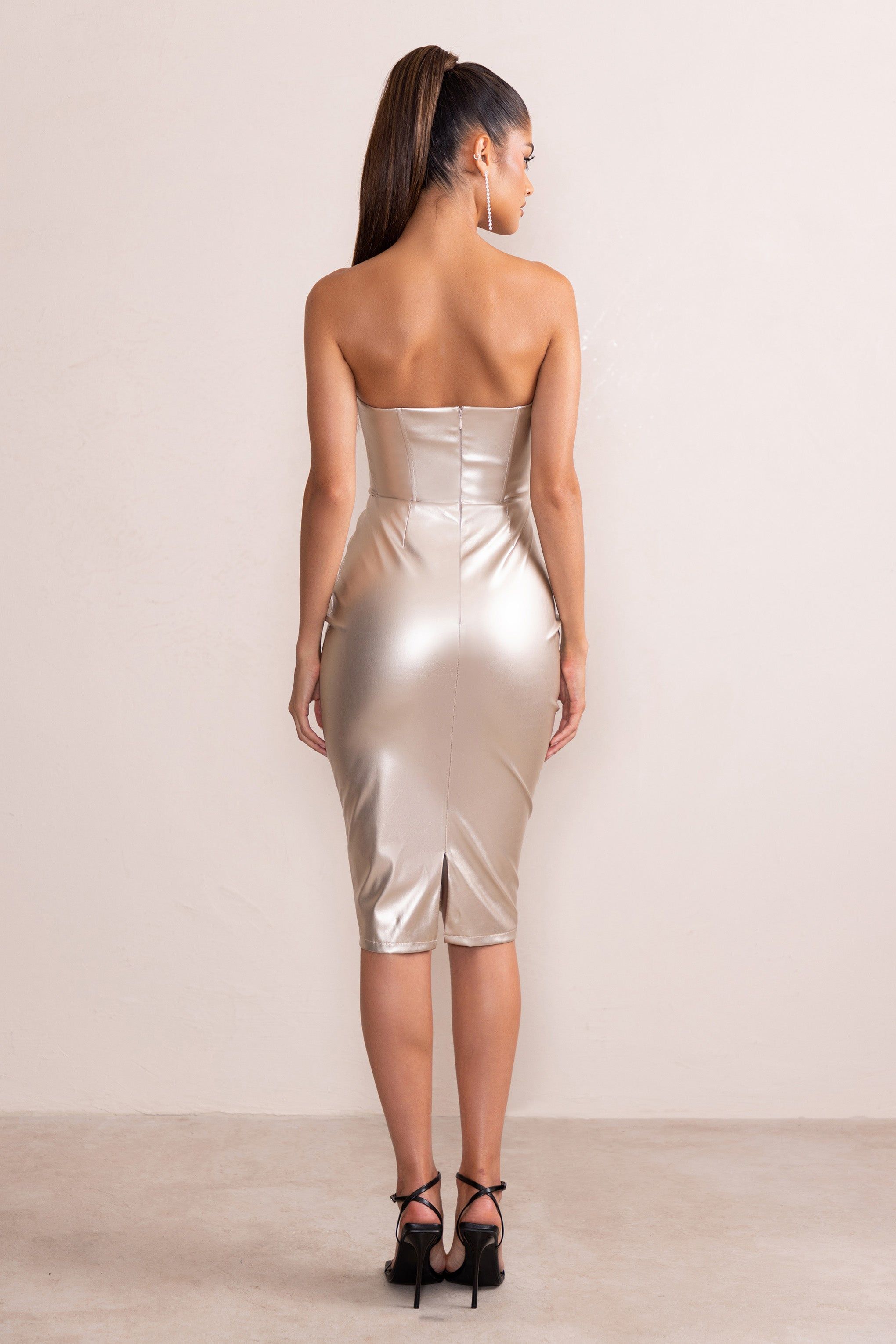 Fabiana | Champagne Faux Leather Bandeau Corset Bodycon Midi Dress sold by Club L London product image thumbnail 2