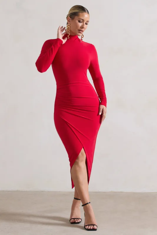 Soha | Red High-Neck Wrap Midi Dress sold by Club L London