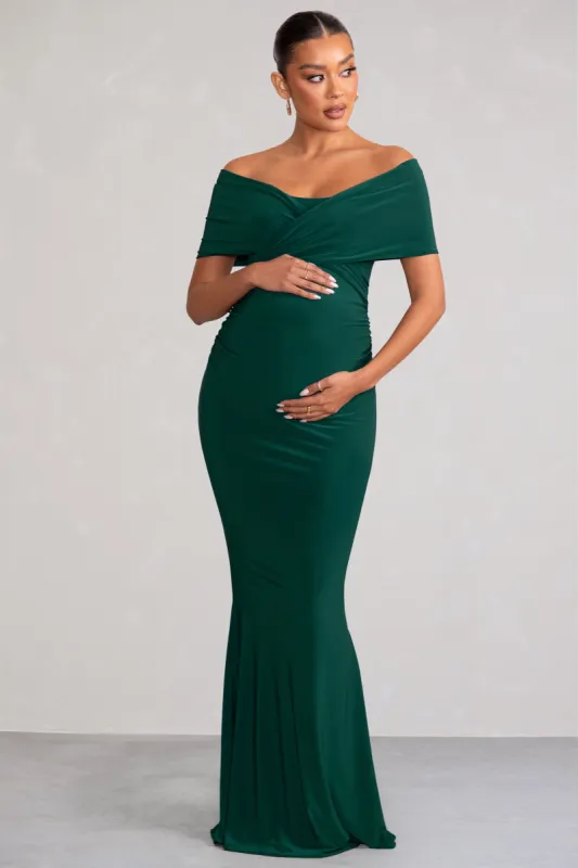 Amal | Bottle Green Bardot Wrap Neckline Maternity Maxi Dress sold by Club L London